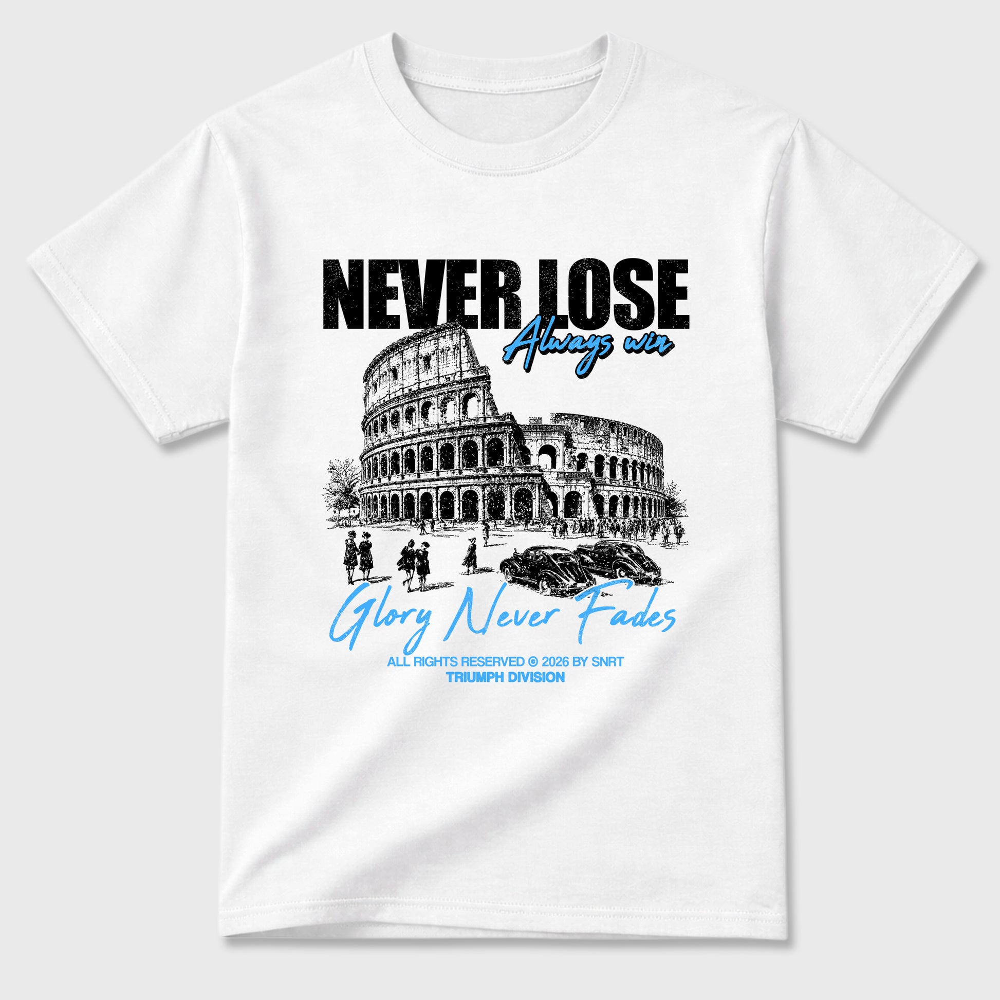 Never Lose Graphic T-Shirt sneaker match tee designed for the Air Jordan 5 Black Carolina, featuring coordinated color options for a perfect streetwear match. White 2 shirt.