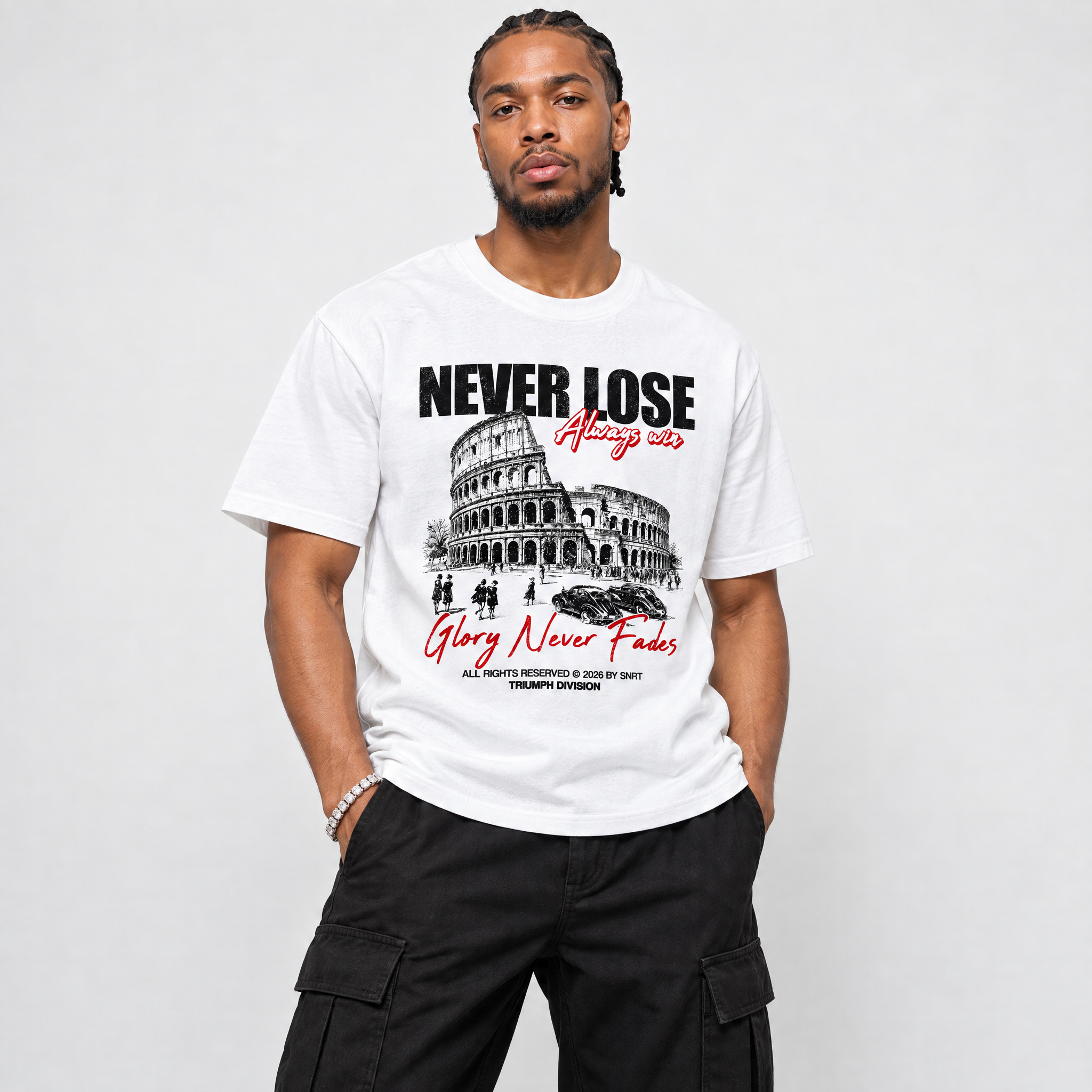Never Lose Graphic T-Shirt featuring original streetwear artwork designed to match the Air Jordan 9 True Red. White 1 Graphic T-Shirt.