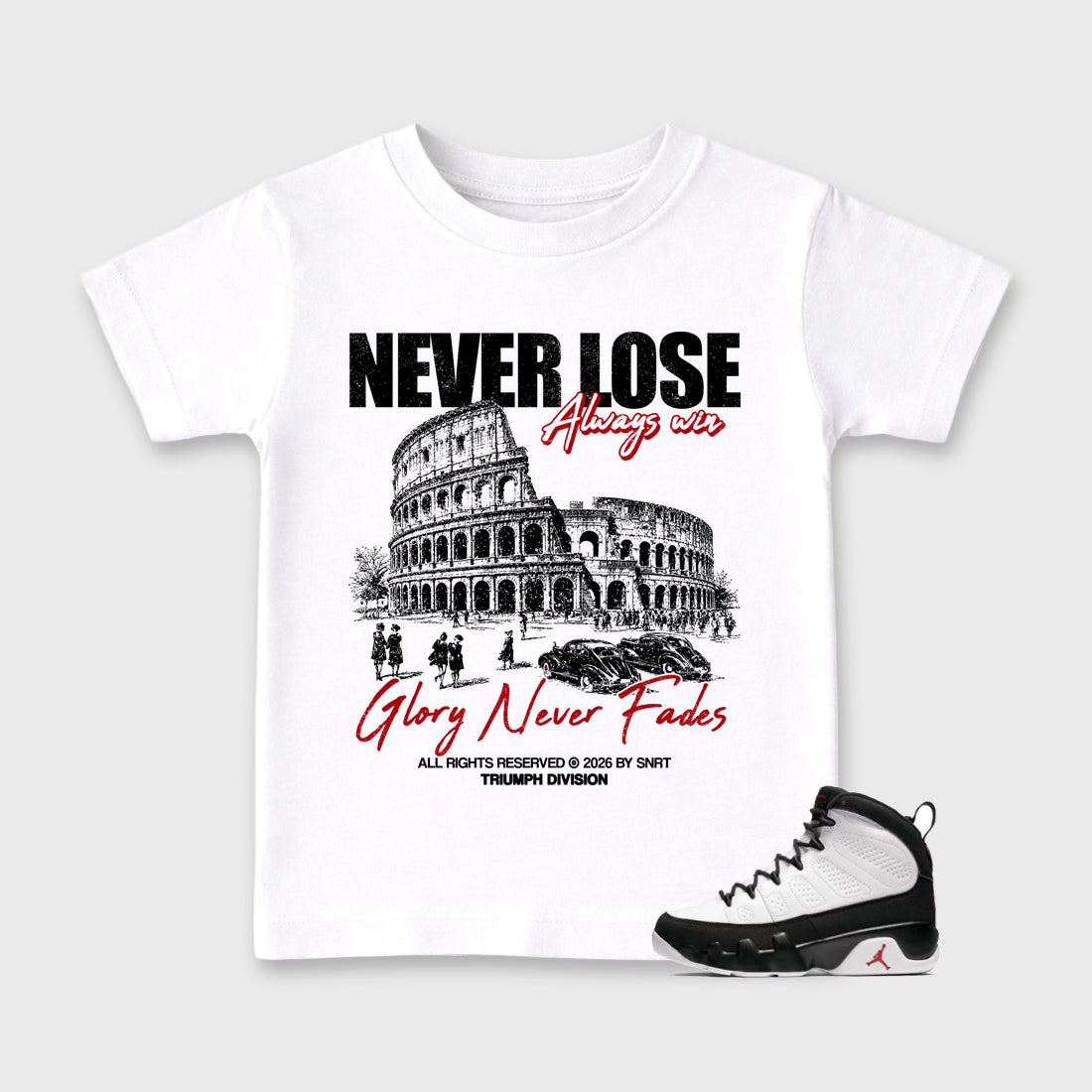 Never Lose Baby & Kids Graphic T-Shirt featuring original artwork designed to match the Air Jordan 9 True Red. White 1 Kids Graphic Tee.