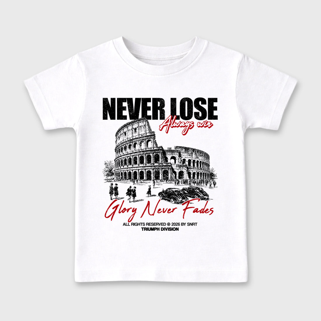 Never Lose Baby & Kids Graphic T-Shirt featuring original artwork designed to match the Air Jordan 9 True Red. White 2 Kids Graphic Tee.