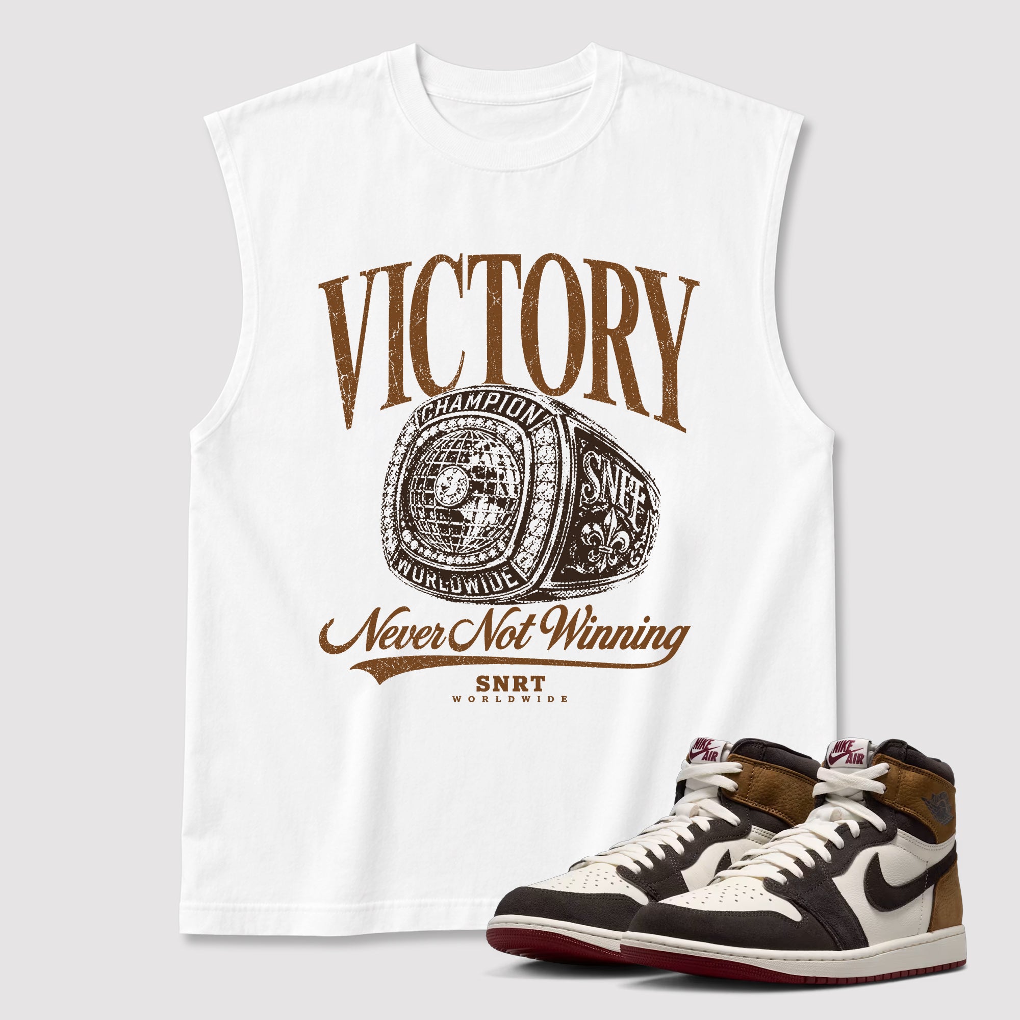 Never Not Winning men's graphic muscle t-shirt designed to match the Air Jordan 1 Love Letter, featuring coordinated White 2 graphics for the perfect streetwear look.