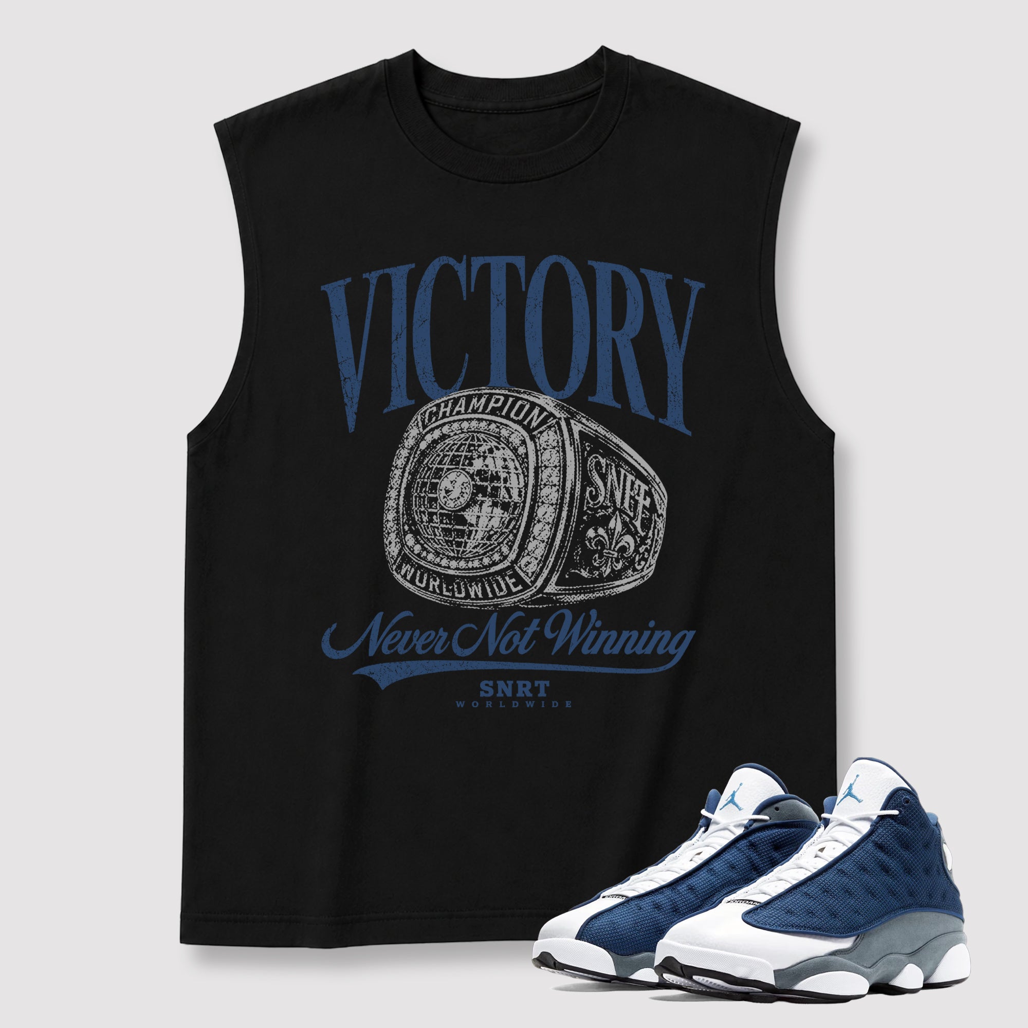 Never Not Winning men's graphic muscle t-shirt designed to match the Air Jordan 13 Flint, featuring coordinated Black 2 graphics for the perfect streetwear look.