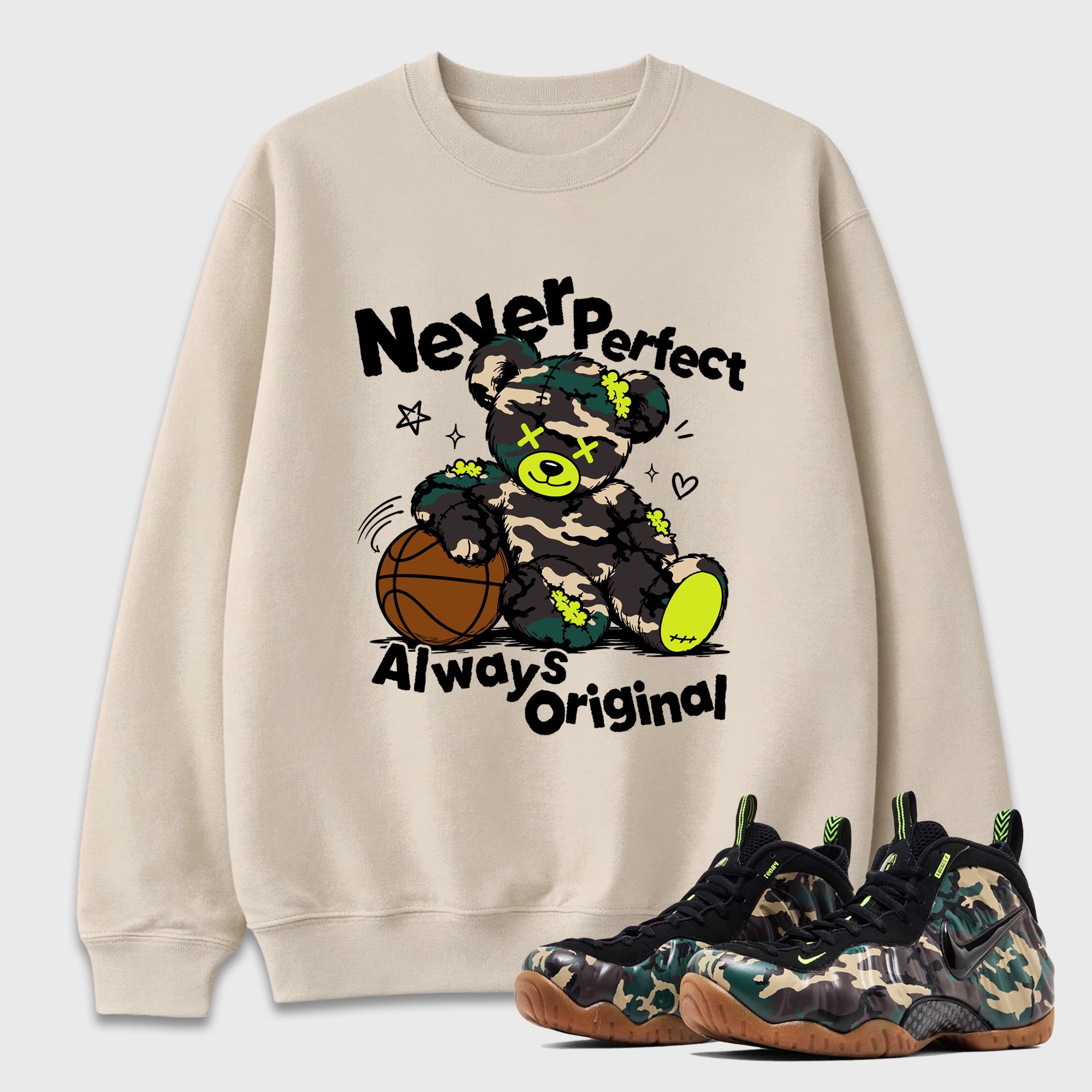 Never Perfect Always Original Graphic T-Shirt featuring original streetwear artwork designed to match the Air Foamposite Pro Green Camo. Natural 1 Graphic Tee.