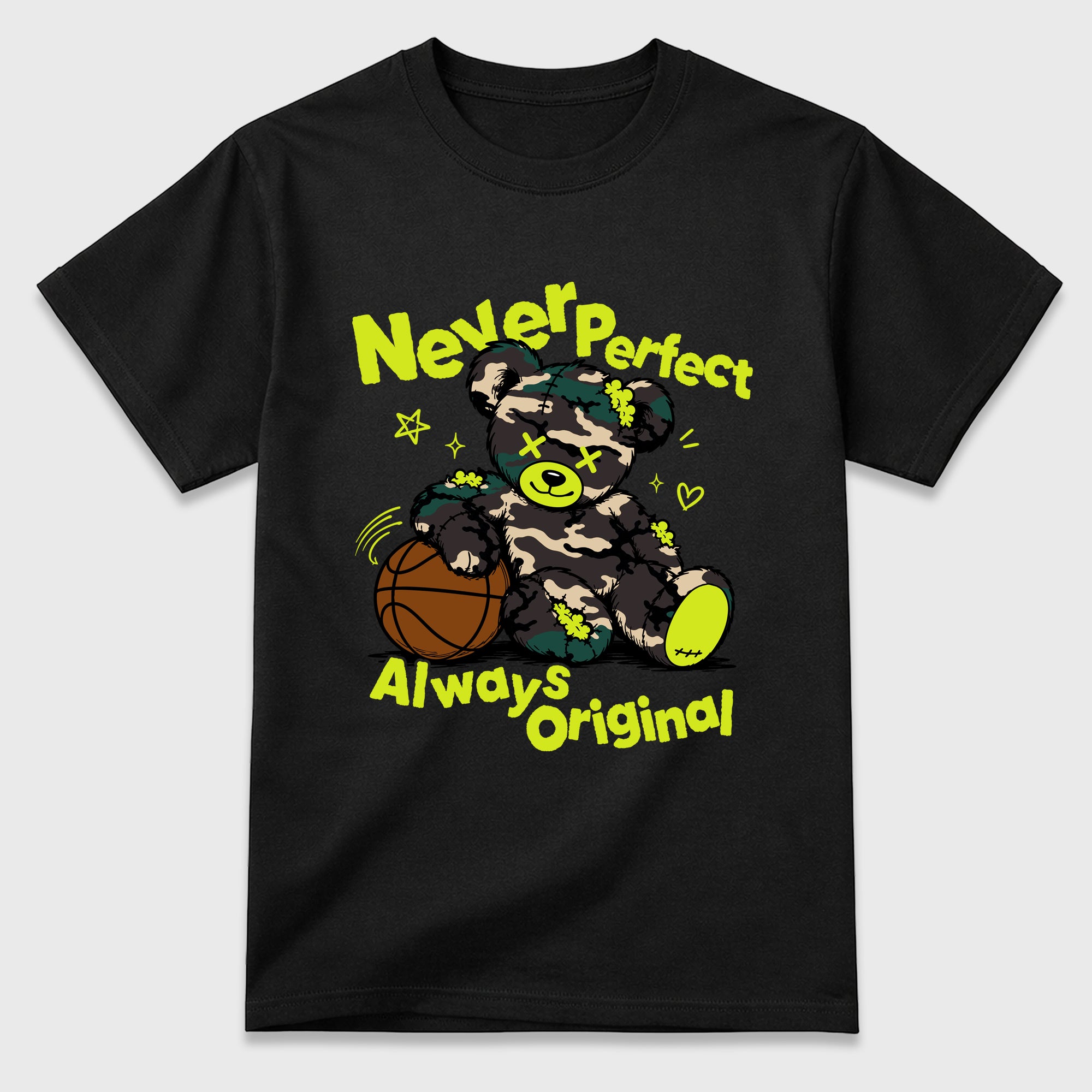 Never Perfect Always Original Graphic T-Shirt featuring original streetwear artwork designed to match the Air Foamposite Pro Green Camo. Black 2 Graphic T-Shirt.