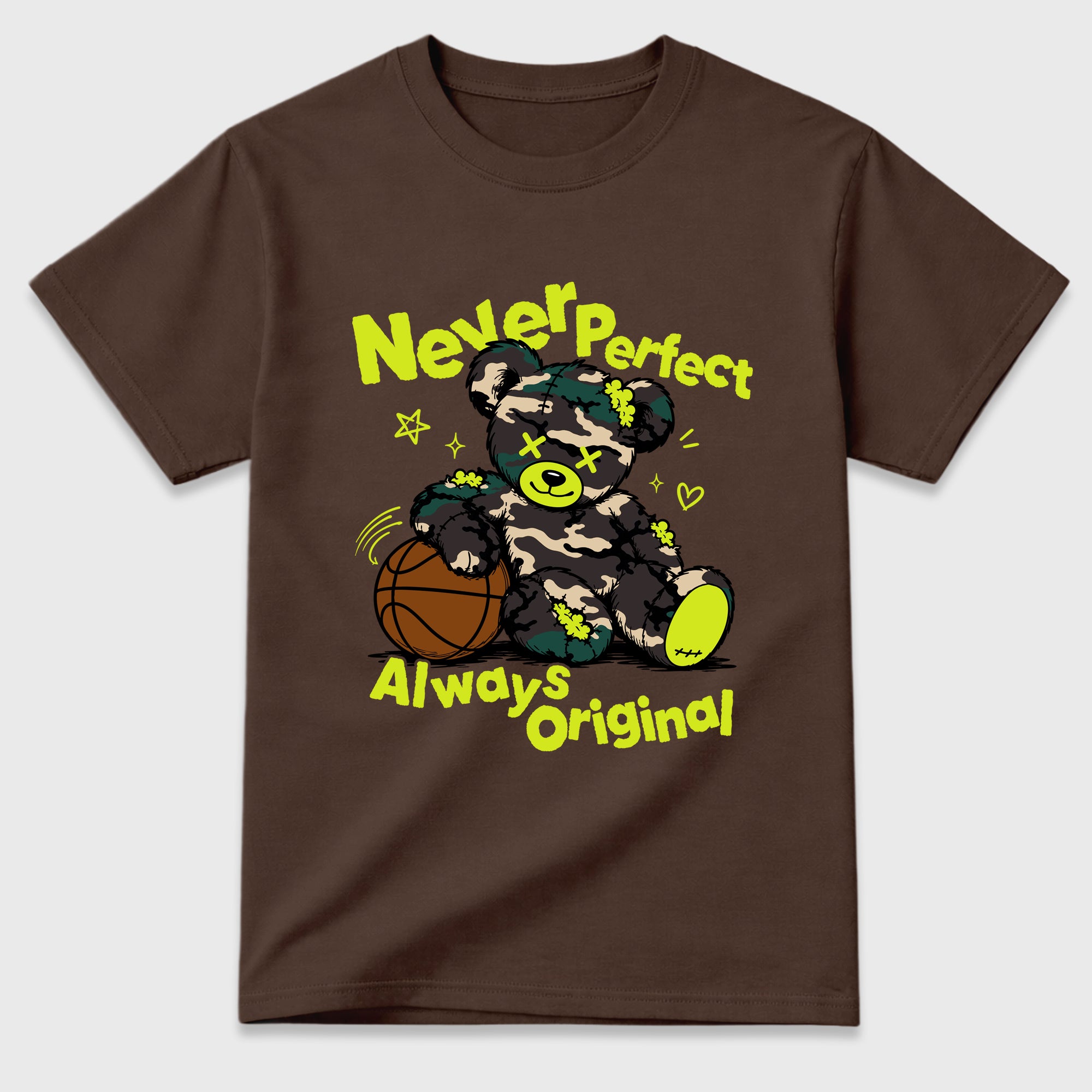 Never Perfect Always Original Graphic T-Shirt featuring original streetwear artwork designed to match the Air Foamposite Pro Green Camo. Dark Chocolate 2 Graphic T-Shirt.