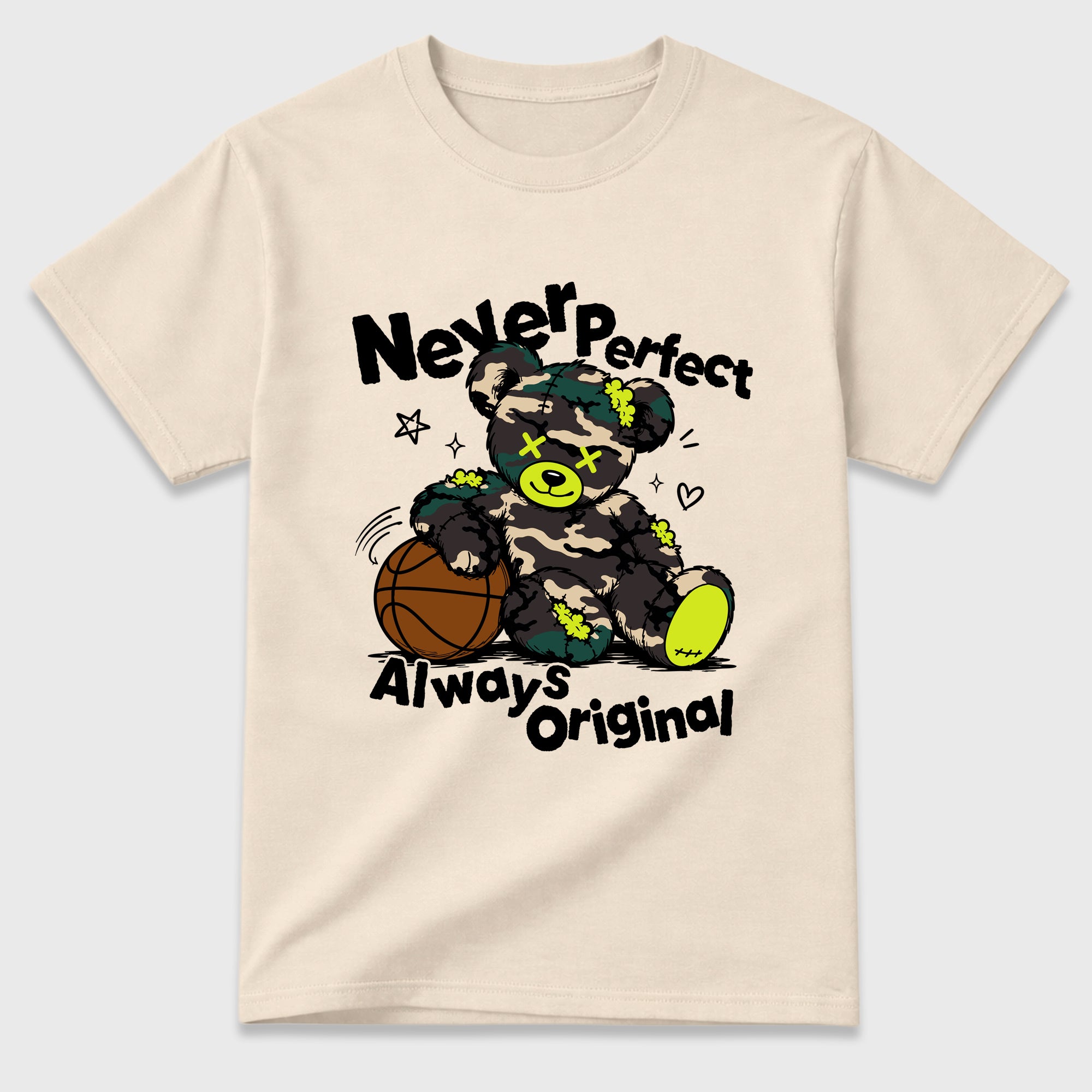 Never Perfect Always Original Graphic T-Shirt featuring original streetwear artwork designed to match the Air Foamposite Pro Green Camo. Natural 2 Graphic T-Shirt.