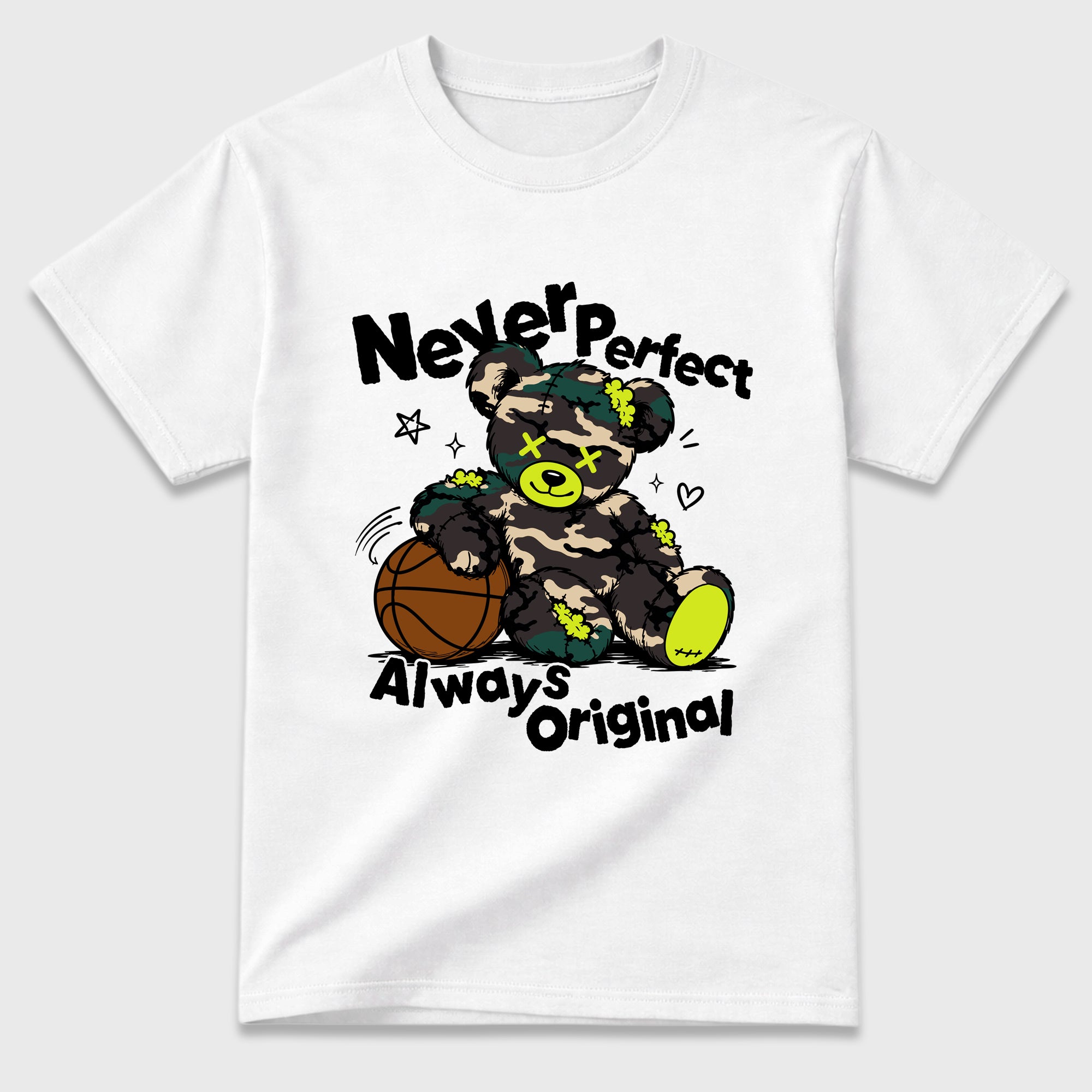 Never Perfect Always Original Graphic T-Shirt featuring original streetwear artwork designed to match the Air Foamposite Pro Green Camo. White 2 Graphic T-Shirt.