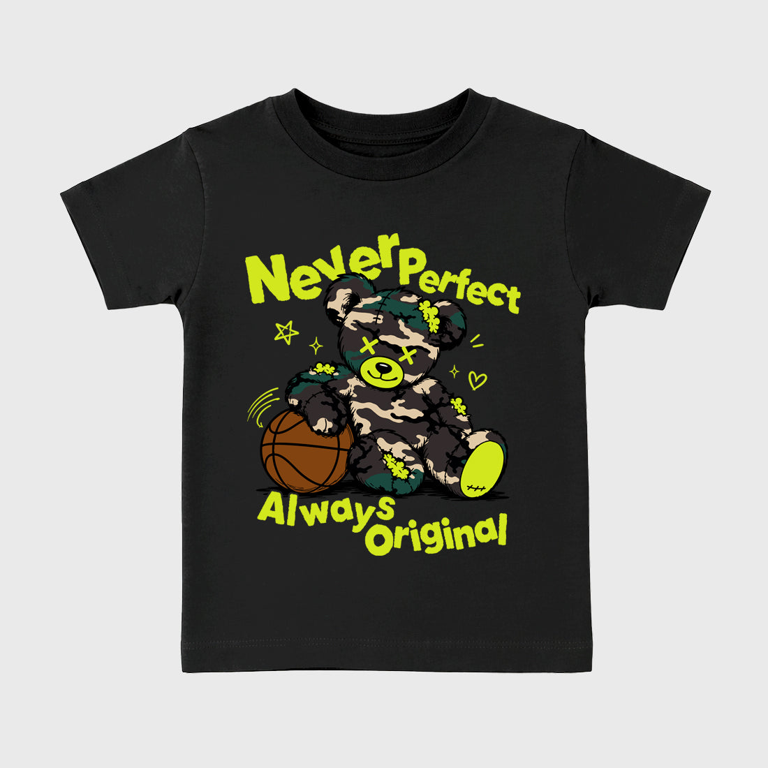 Never Perfect Always Original Baby & Kids Graphic T-Shirt featuring original artwork designed to match the Air Foamposite Pro Green Camo. Black 2 Kids Graphic Tee.