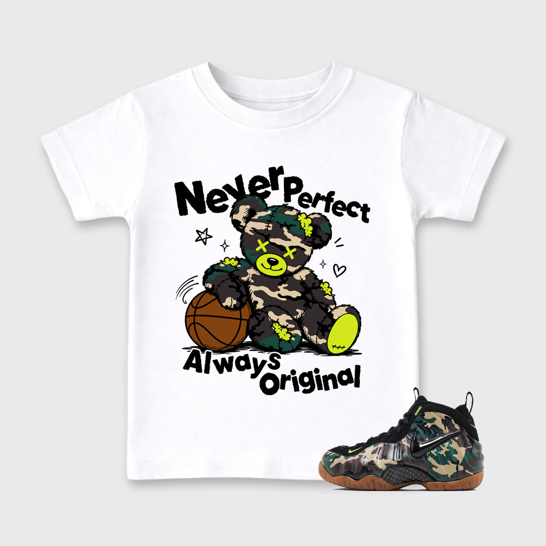 Never Perfect Always Original Baby & Kids Graphic T-Shirt featuring original artwork designed to match the Air Foamposite Pro Green Camo. White 1 Kids Graphic Tee.