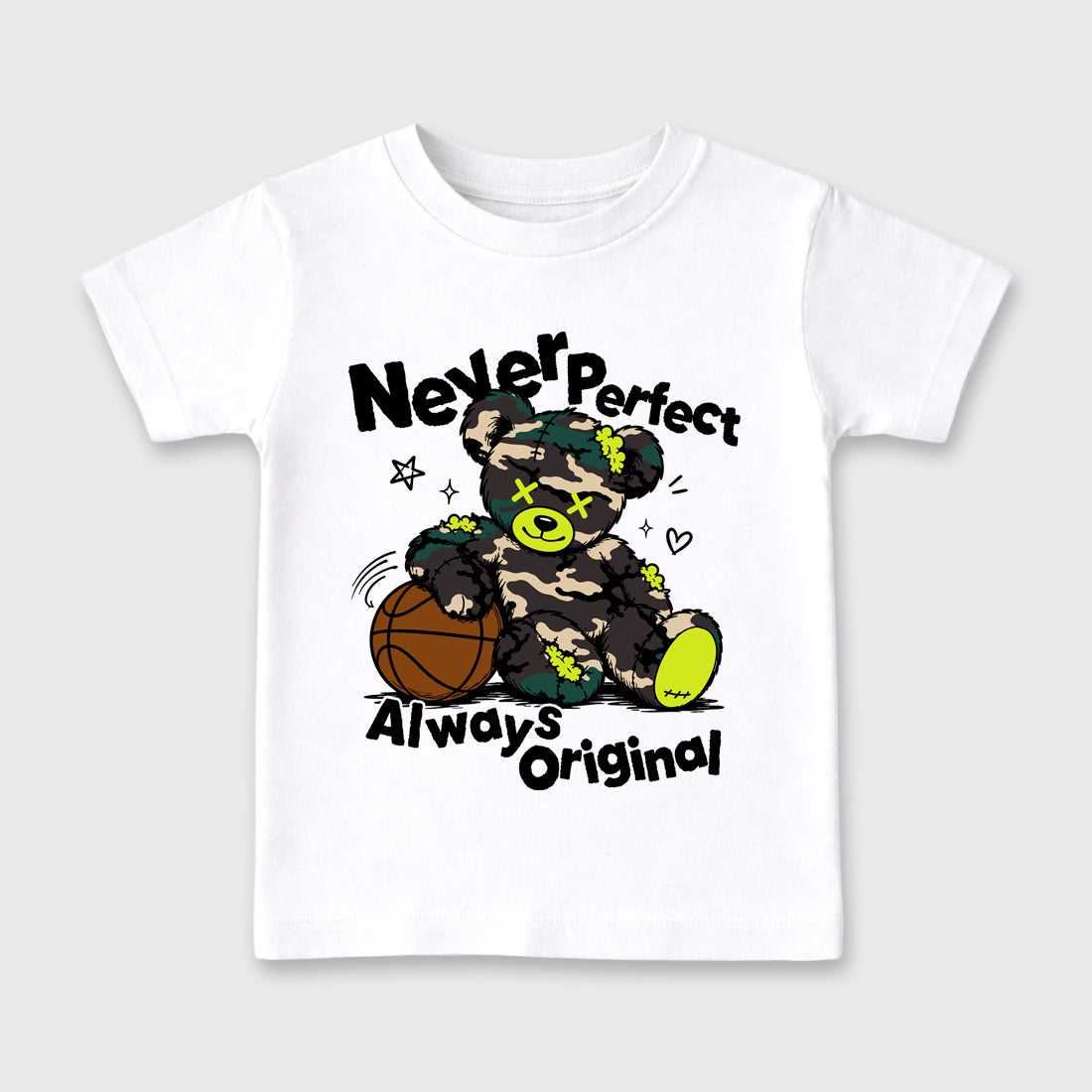 Never Perfect Always Original Baby & Kids Graphic T-Shirt featuring original artwork designed to match the Air Foamposite Pro Green Camo. White 2 Kids Graphic Tee.