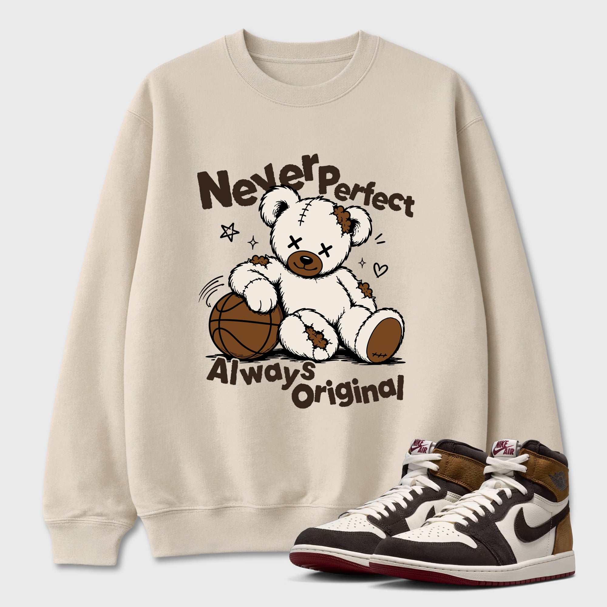 Never Perfect Always Original Graphic T-Shirt featuring original streetwear artwork designed to match the Air Jordan 1 Love Letter. Natural 1 Graphic Tee.