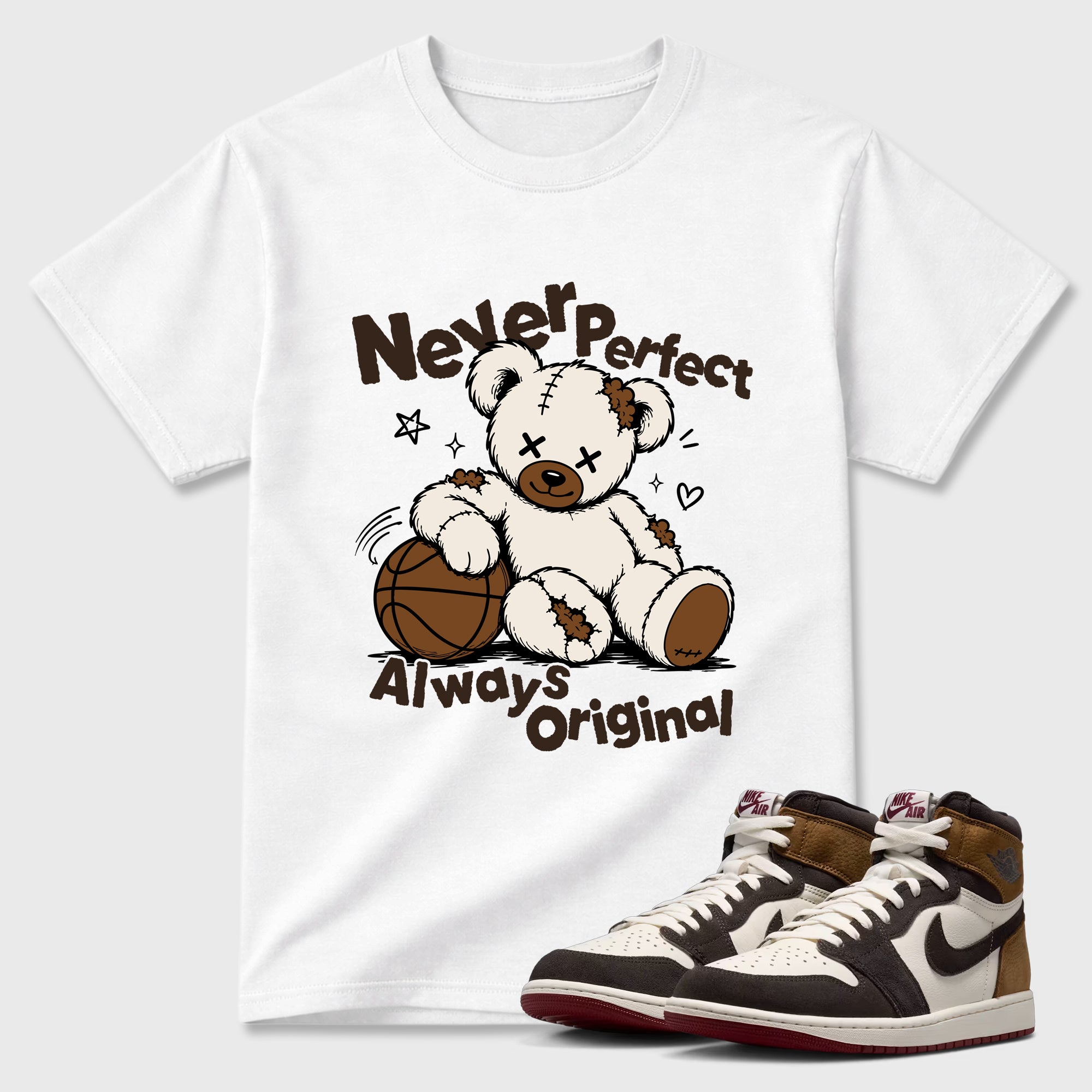 Never Perfect Always Original Graphic T-Shirt featuring original streetwear artwork designed to match the Air Jordan 1 Love Letter. White 1 Graphic T-Shirt.