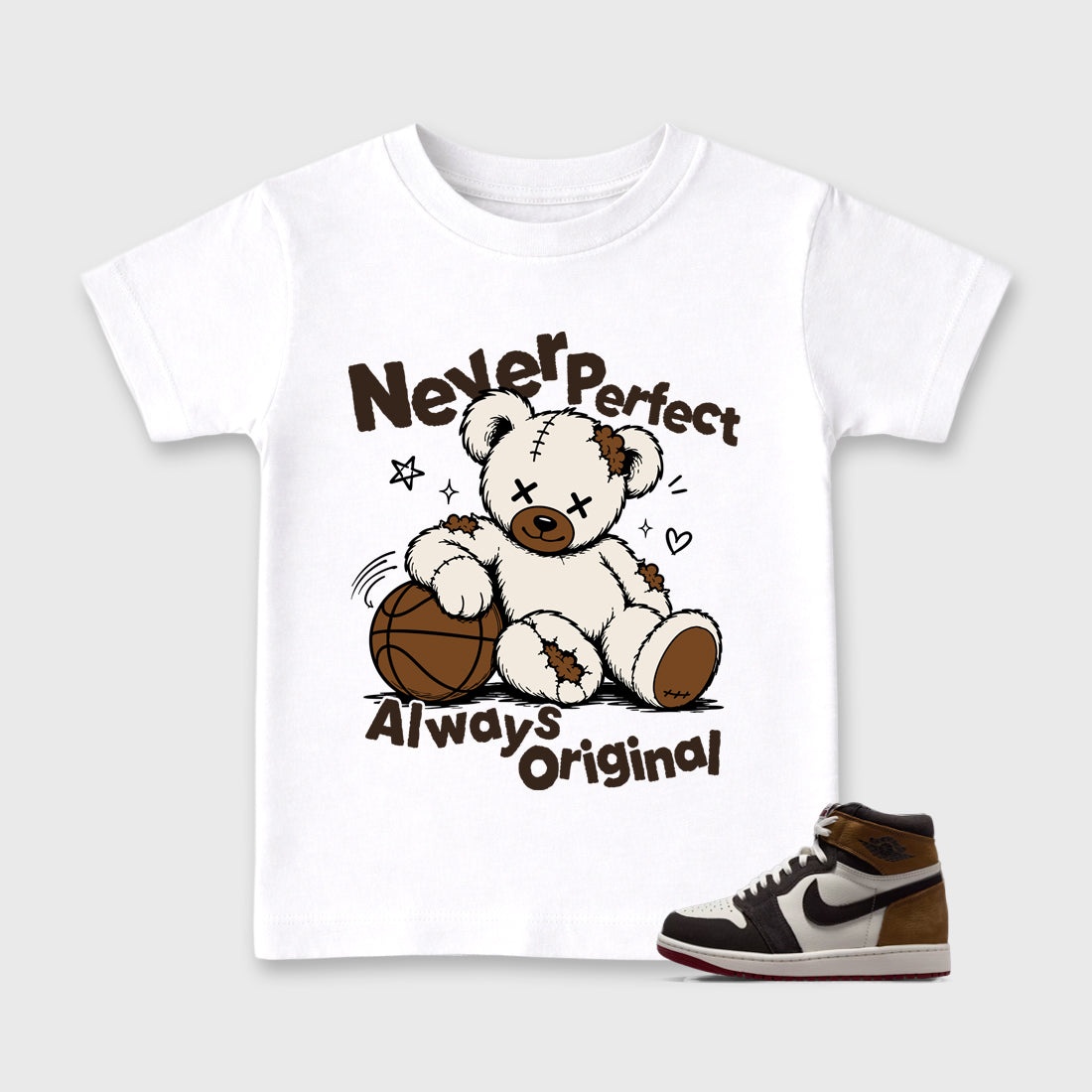 Never Perfect Always Original Baby & Kids Graphic T-Shirt featuring original artwork designed to match the Air Jordan 1 Love Letter. White 1 Kids Graphic Tee.