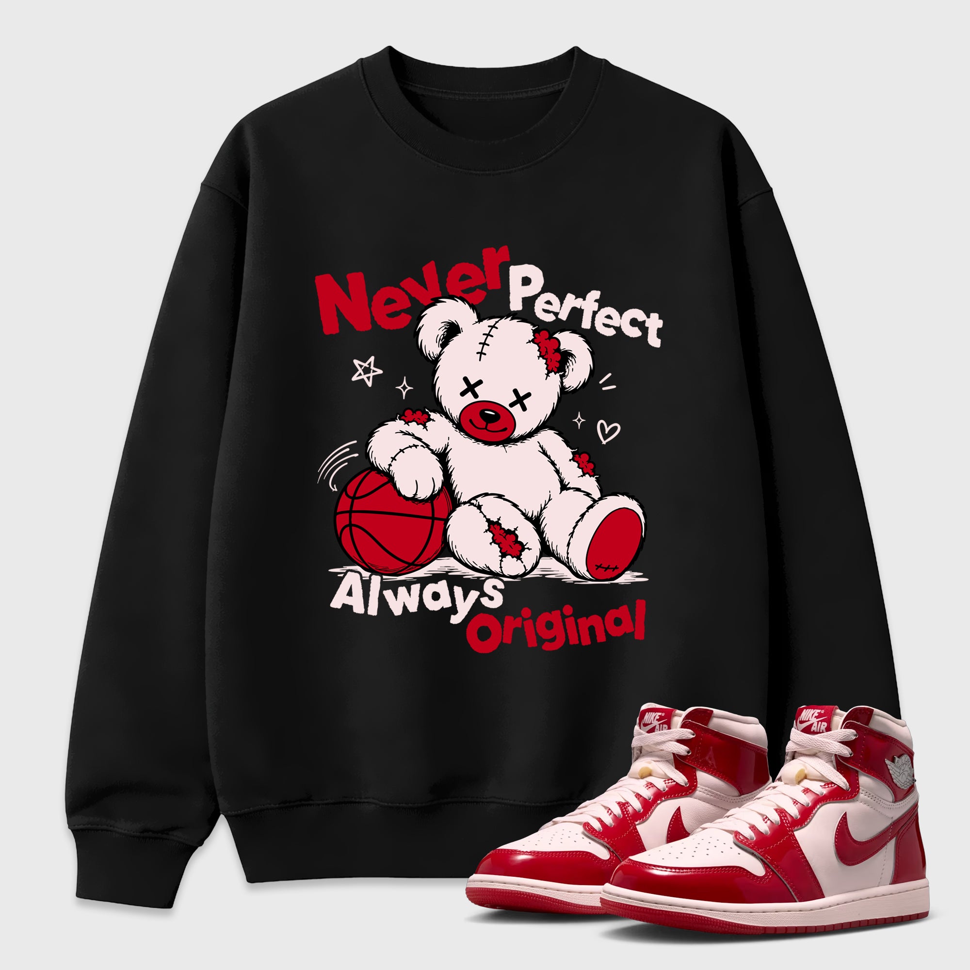 Never Perfect Always Original Graphic T-Shirt featuring original streetwear artwork designed to match the Air Jordan 1 Nails and Grails. Black 1 Graphic Tee.