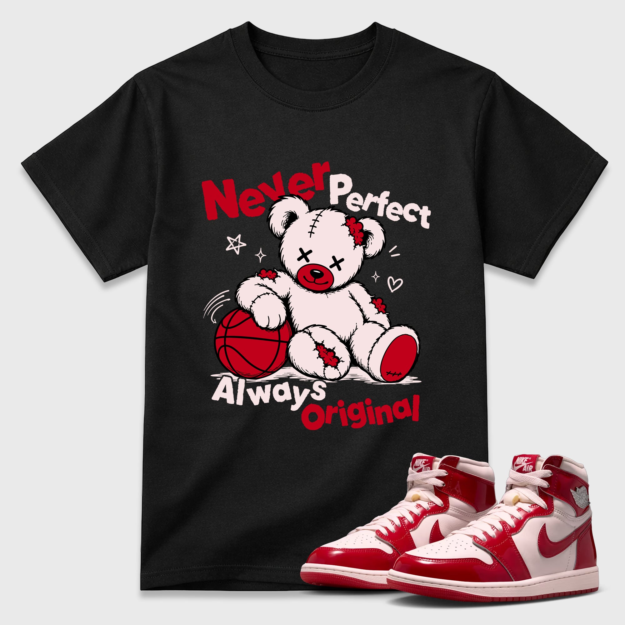 Never Perfect Always Original Graphic T-Shirt featuring original streetwear artwork designed to match the Air Jordan 1 Nails and Grails. Black 1 Graphic T-Shirt.