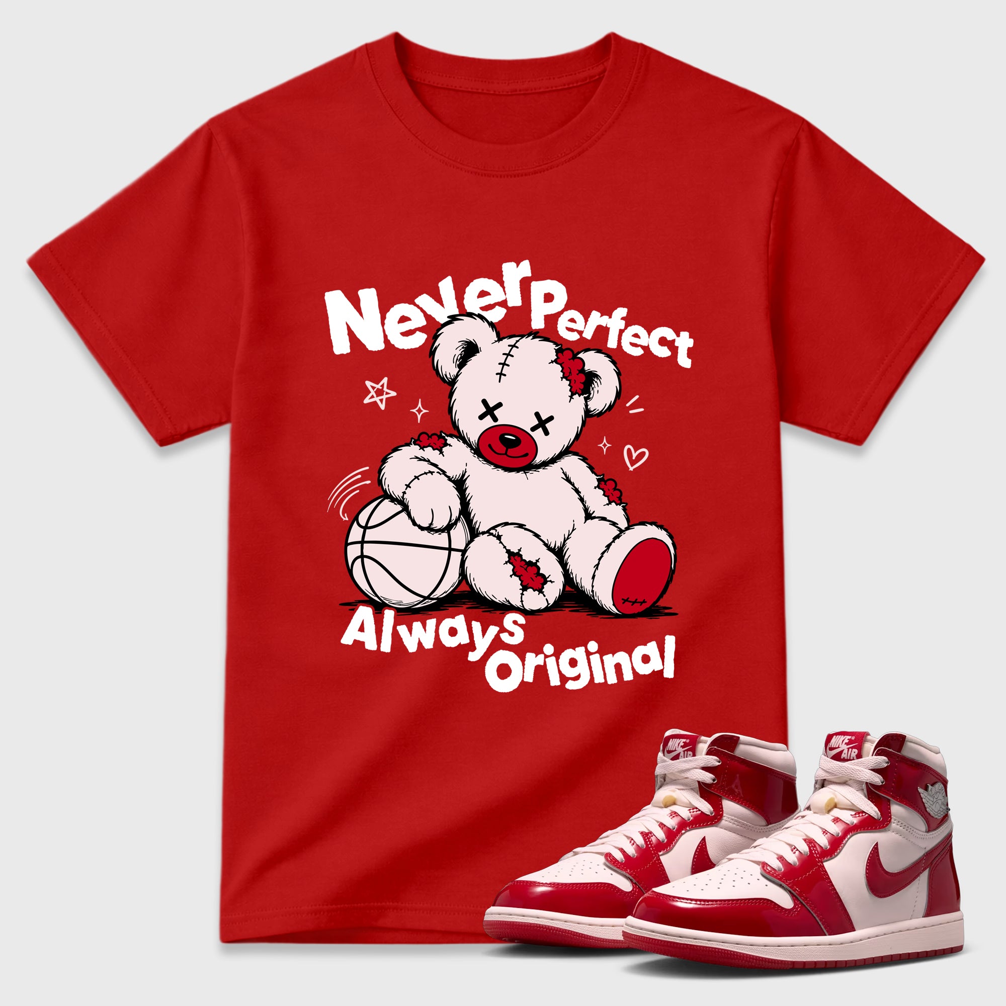 Never Perfect Always Original Graphic T-Shirt featuring original streetwear artwork designed to match the Air Jordan 1 Nails and Grails. Red 1 Graphic T-Shirt.