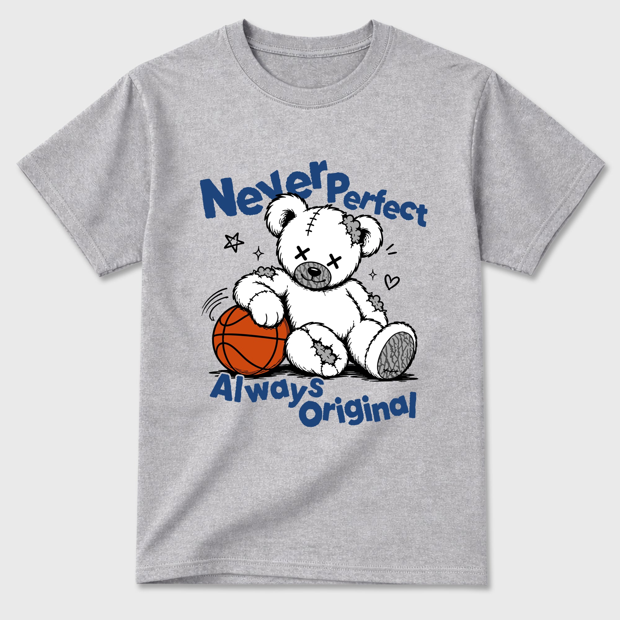 Never Perfect Always Original Graphic T-Shirt featuring original streetwear artwork designed to match the Air Jordan 3 Denim Blue. Heather Grey 2 Graphic T-Shirt.