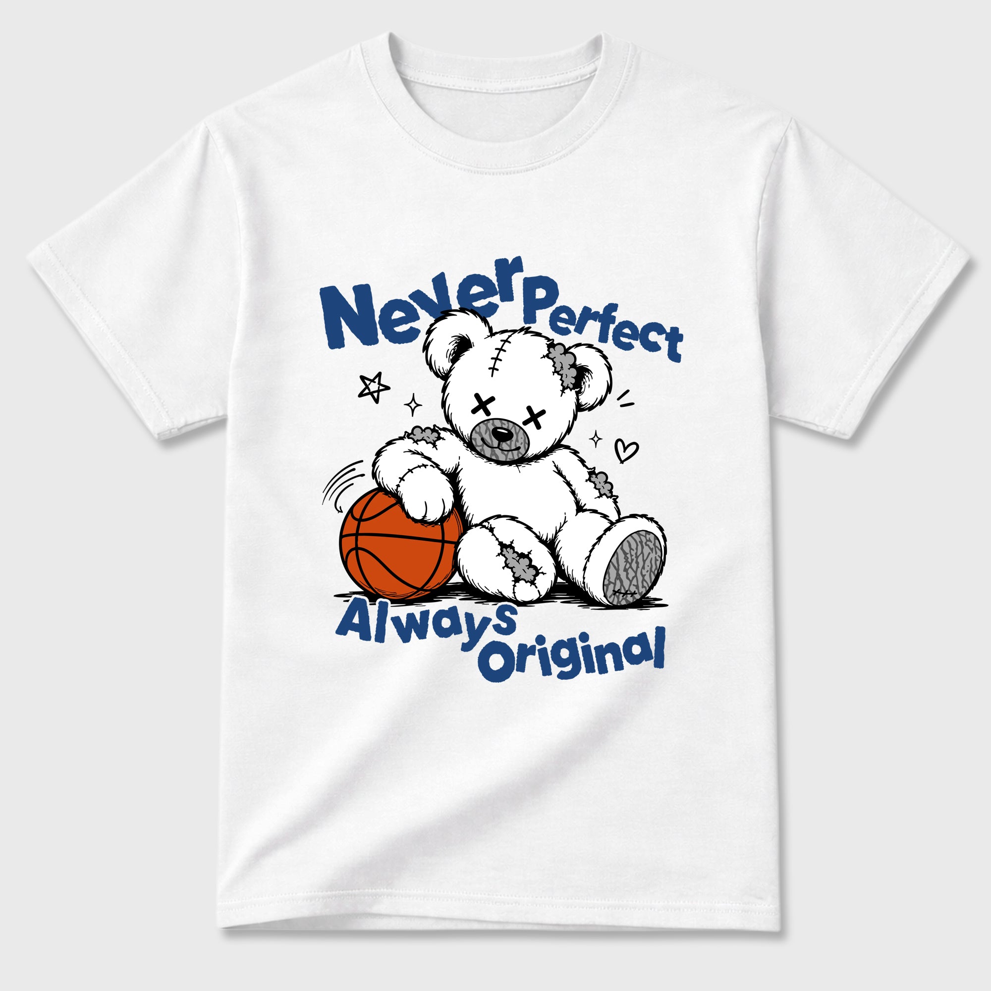 Never Perfect Always Original Graphic T-Shirt featuring original streetwear artwork designed to match the Air Jordan 3 Denim Blue. White 2 Graphic T-Shirt.
