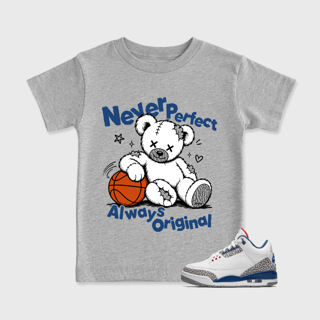 Never Perfect Always Original Baby & Kids Graphic T-Shirt featuring original artwork designed to match the Air Jordan 3 Denim Blue. Heather Grey 1 Kids Graphic Tee.