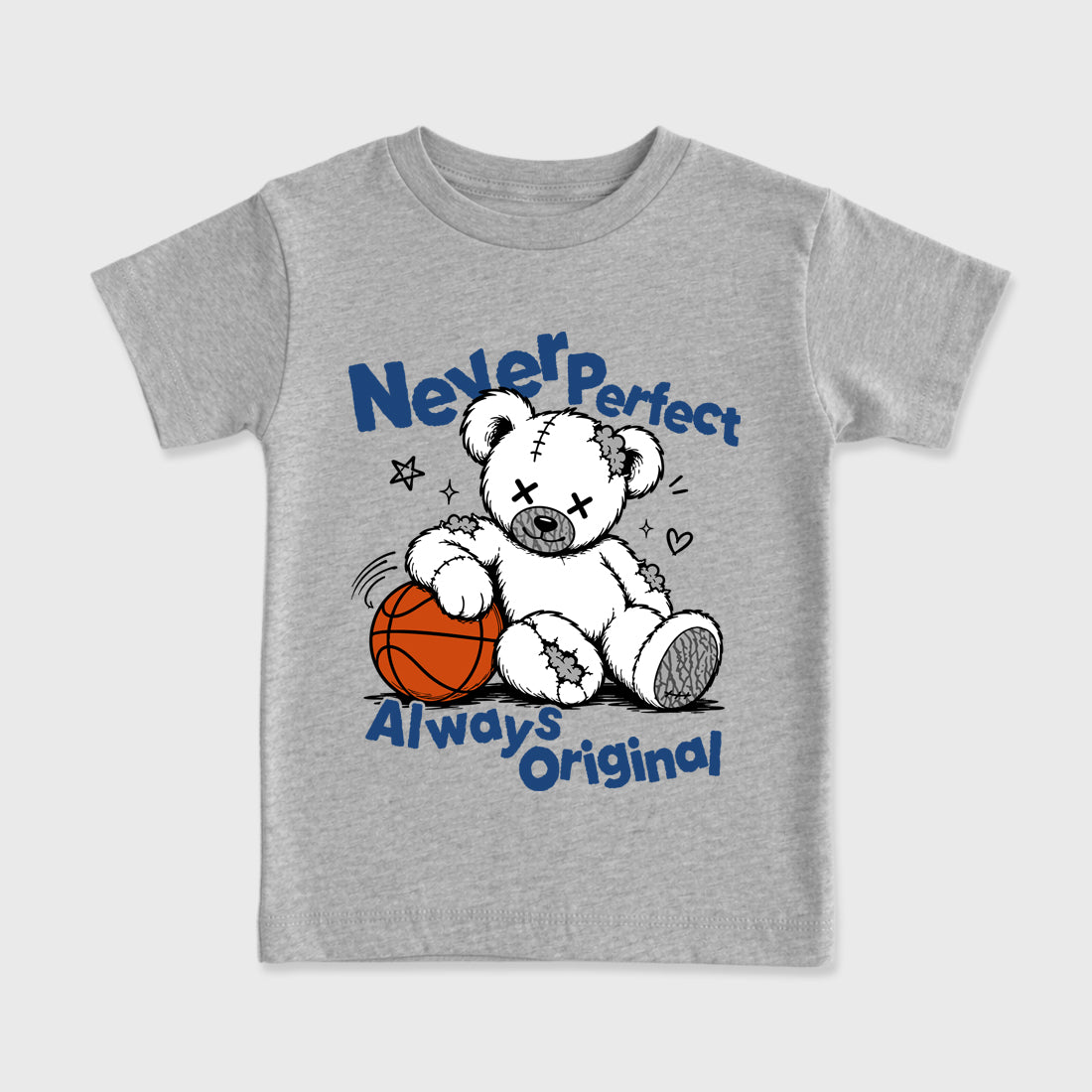 Never Perfect Always Original Baby & Kids Graphic T-Shirt featuring original artwork designed to match the Air Jordan 3 Denim Blue. Heather Grey 2 Kids Graphic Tee.