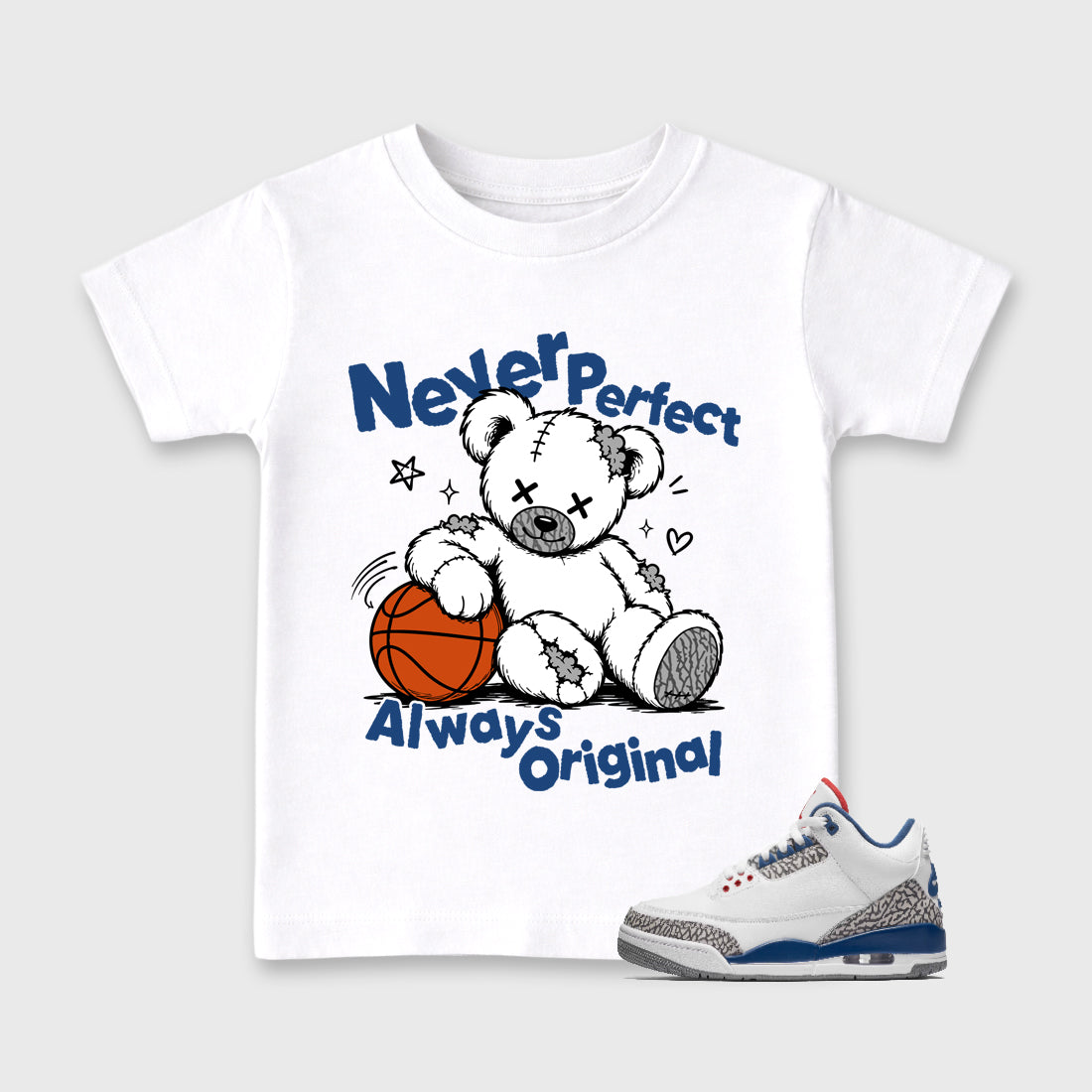 Never Perfect Always Original Baby & Kids Graphic T-Shirt featuring original artwork designed to match the Air Jordan 3 Denim Blue. White 1 Kids Graphic Tee.