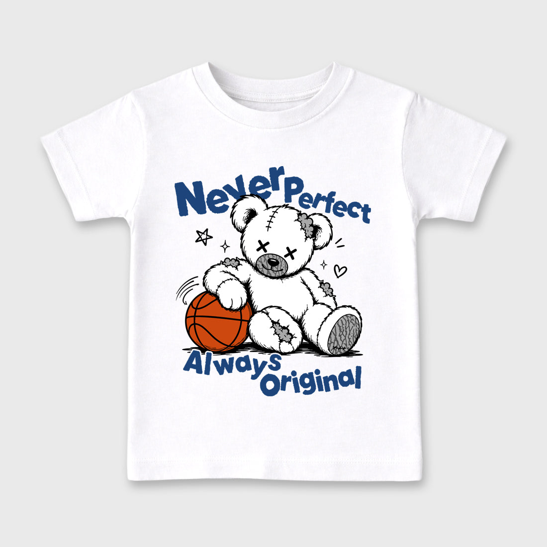 Never Perfect Always Original Baby & Kids Graphic T-Shirt featuring original artwork designed to match the Air Jordan 3 Denim Blue. White 2 Kids Graphic Tee.