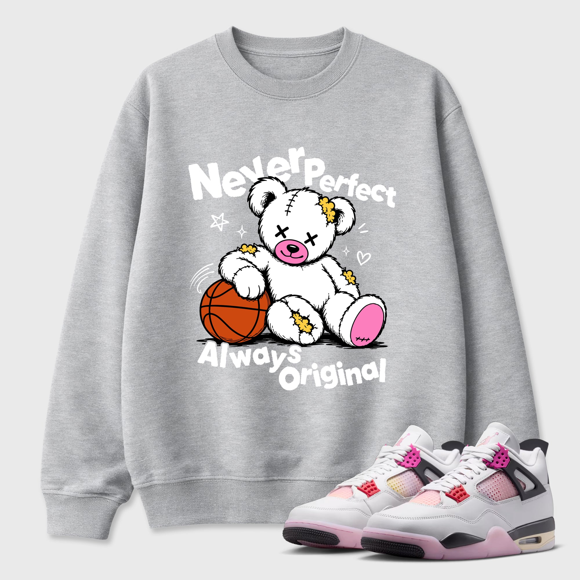 Never Perfect Always Original Graphic T-Shirt featuring original streetwear artwork designed to match the Air Jordan 4 Comic. Heather Grey 1 Graphic Tee.