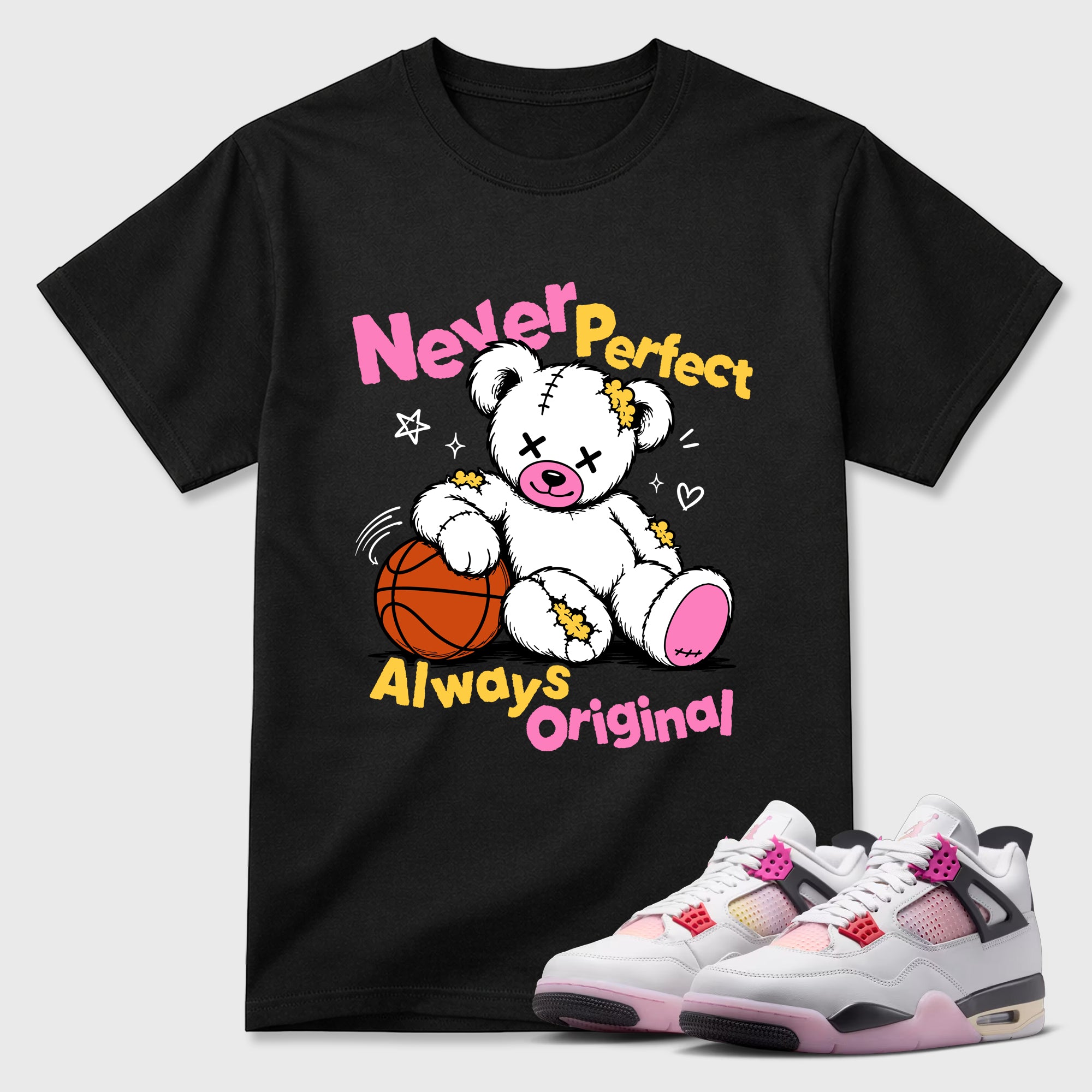 Never Perfect Always Original Graphic T-Shirt featuring original streetwear artwork designed to match the Air Jordan 4 Comic. Black 1 Graphic T-Shirt.