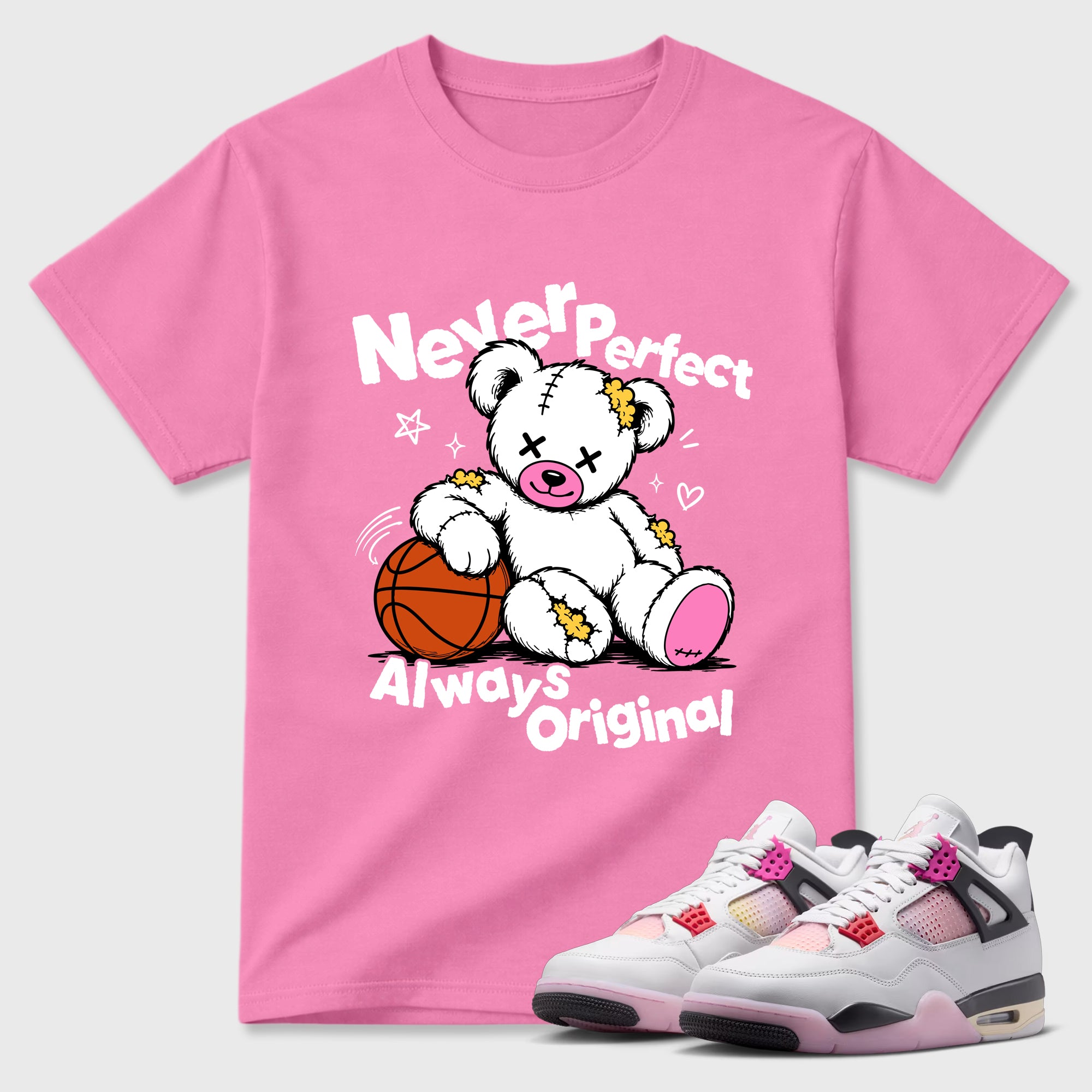 Never Perfect Always Original Graphic T-Shirt featuring original streetwear artwork designed to match the Air Jordan 4 Comic. Bubble Gum 1 Graphic T-Shirt.