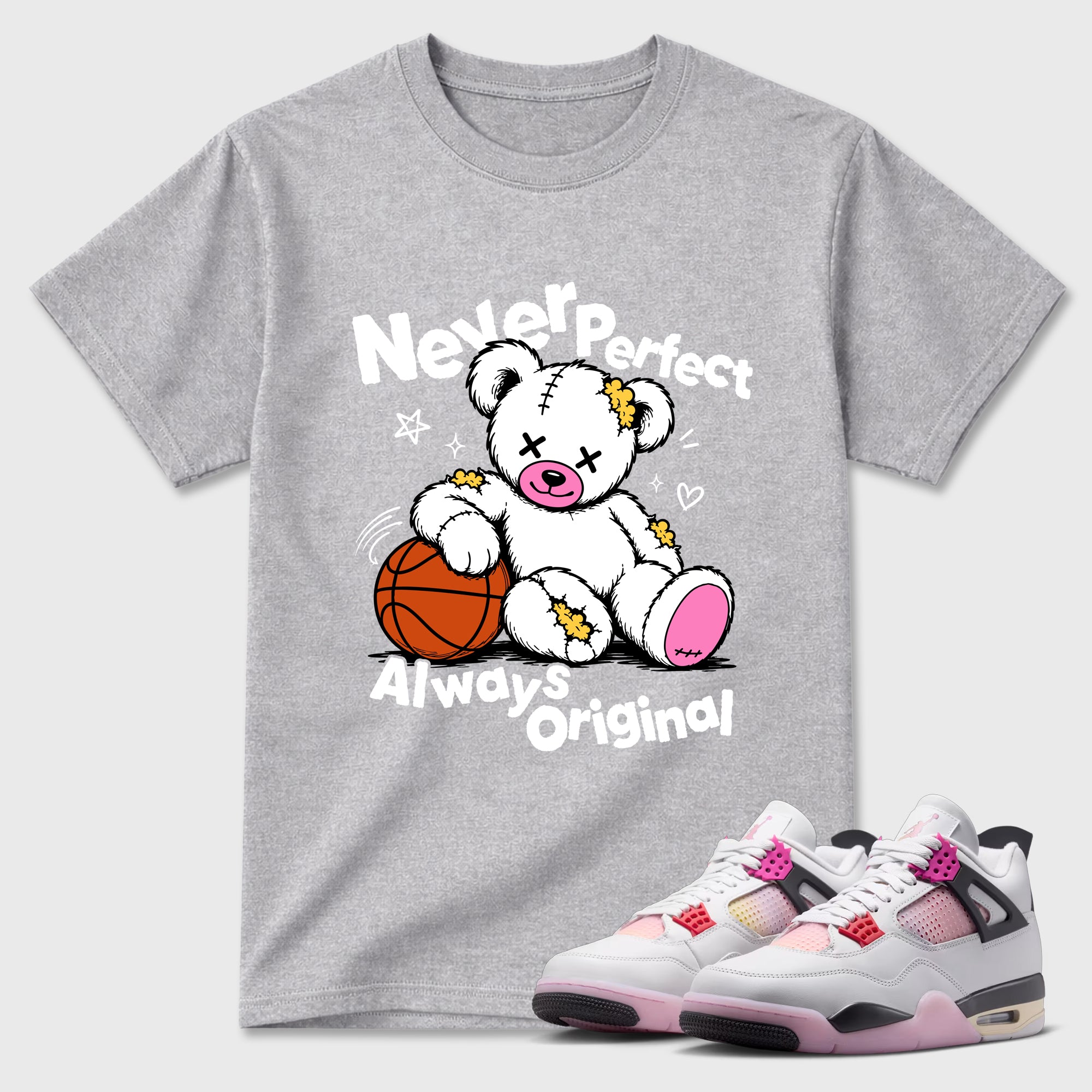 Never Perfect Always Original Graphic T-Shirt featuring original streetwear artwork designed to match the Air Jordan 4 Comic. Heather Grey 1 Graphic T-Shirt.