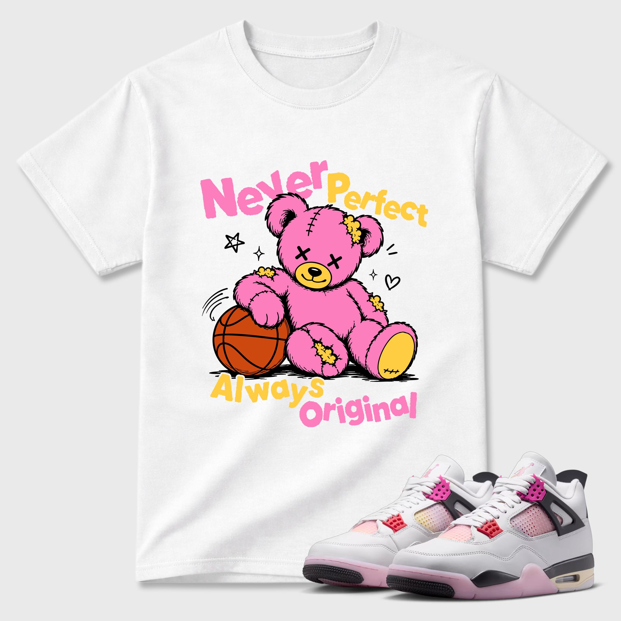 Never Perfect Always Original Graphic T-Shirt featuring original streetwear artwork designed to match the Air Jordan 4 Comic. White 1 Graphic T-Shirt.