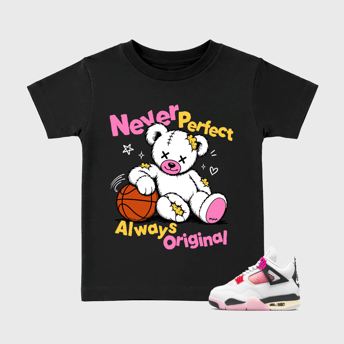 Never Perfect Always Original Baby & Kids Graphic T-Shirt featuring original artwork designed to match the Air Jordan 4 Comic. Black 1 Kids Graphic Tee.