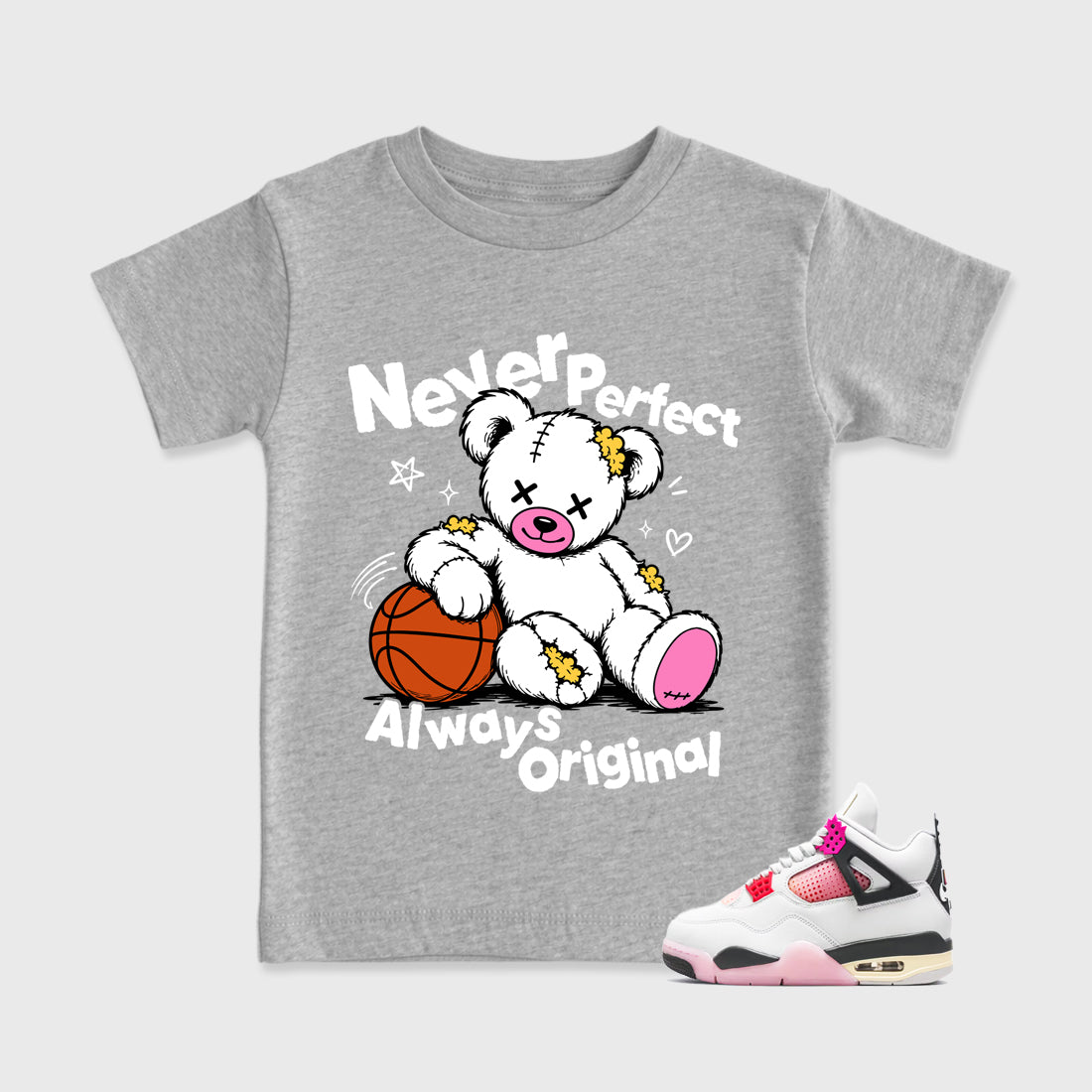 Never Perfect Always Original Baby & Kids Graphic T-Shirt featuring original artwork designed to match the Air Jordan 4 Comic. Heather Grey 1 Kids Graphic Tee.