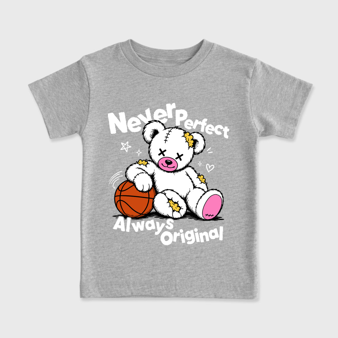 Never Perfect Always Original Baby & Kids Graphic T-Shirt featuring original artwork designed to match the Air Jordan 4 Comic. Heather Grey 2 Kids Graphic Tee.