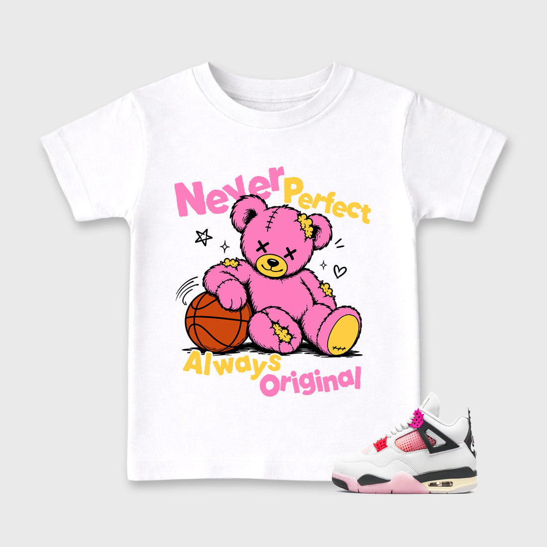 Never Perfect Always Original Baby & Kids Graphic T-Shirt featuring original artwork designed to match the Air Jordan 4 Comic. White 1 Kids Graphic Tee.