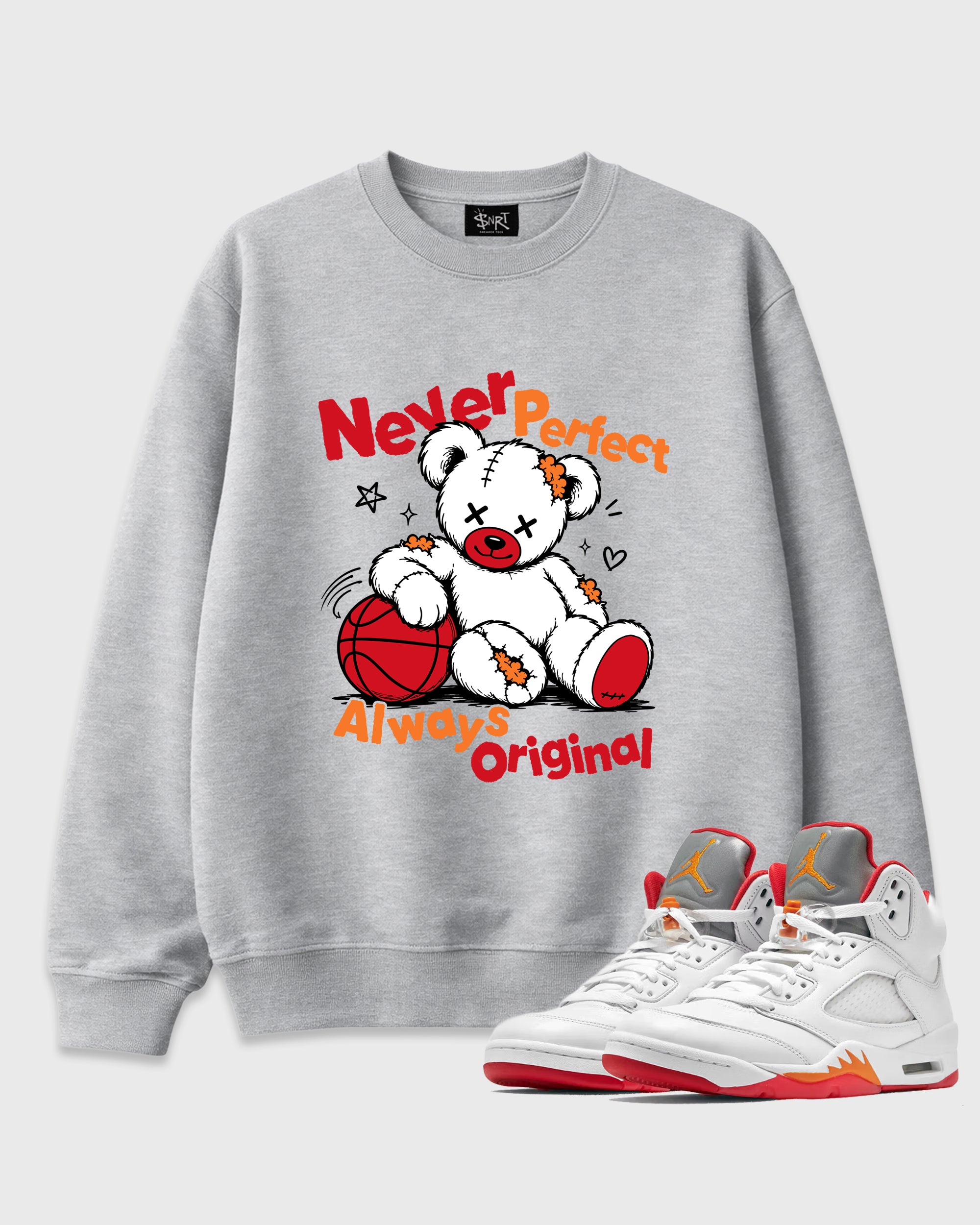 Never Perfect Always Original Graphic T-Shirt featuring original streetwear artwork designed to match the Air Jordan 5 Sunset. Heather Grey 1 Graphic Tee.