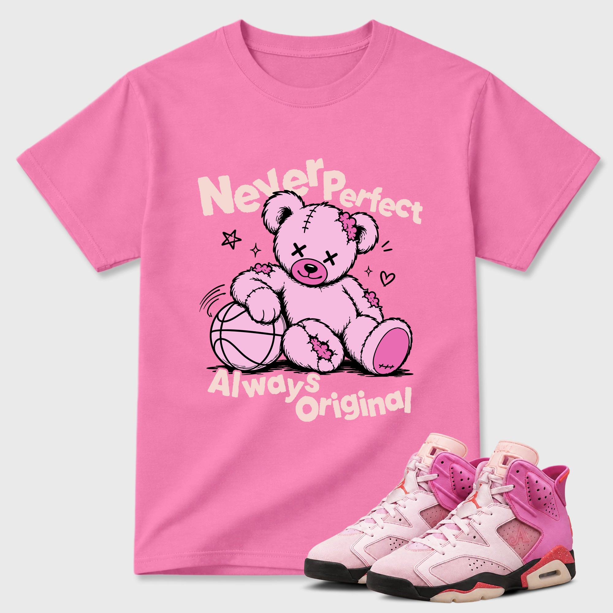 Never Perfect Always Original Graphic T-Shirt featuring original streetwear artwork designed to match the Air Jordan 6 Playful Pink. Bubble Gum 1 Graphic T-Shirt.