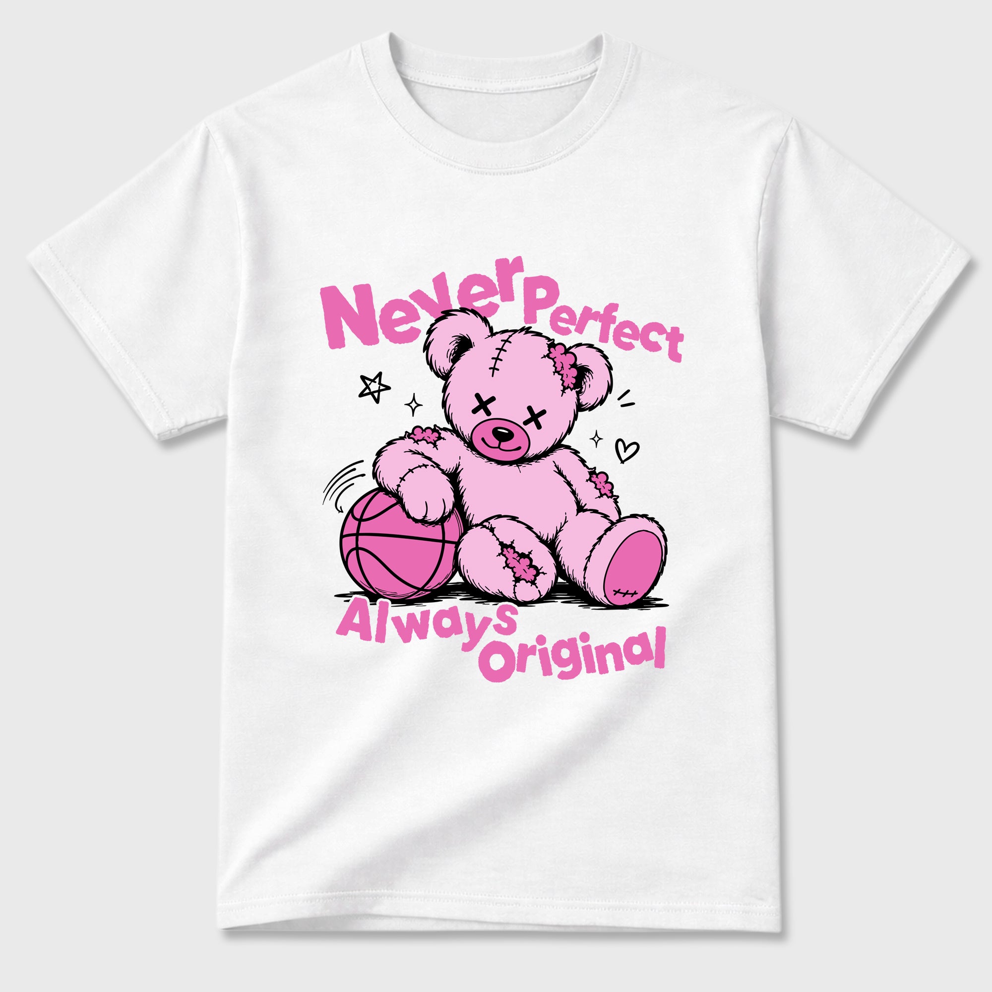 Never Perfect Always Original Graphic T-Shirt featuring original streetwear artwork designed to match the Air Jordan 6 Playful Pink. White 2 Graphic T-Shirt.