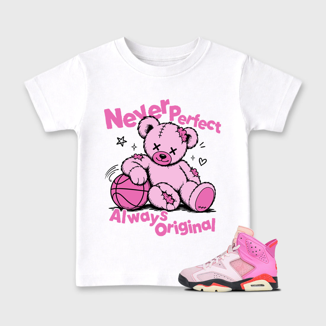 Never Perfect Always Original Baby & Kids Graphic T-Shirt featuring original artwork designed to match the Air Jordan 6 Playful Pink. White 1 Kids Graphic Tee.