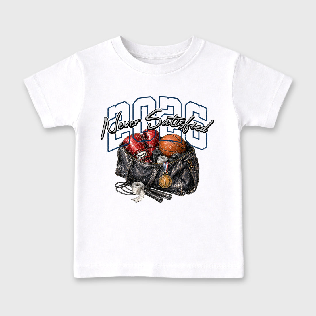 Never Satisfied Baby & Kids Graphic T-Shirt featuring original artwork designed to match the Air Jordan 13 Flint. White 2 Kids Graphic Tee.