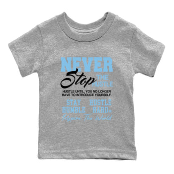 Never Stop The Hustle baby and kids t-shirt crafted for little sneakerheads to shine with the Air Foamposite One Psychic Blue sneakers, displayed in Heather Grey 2.
