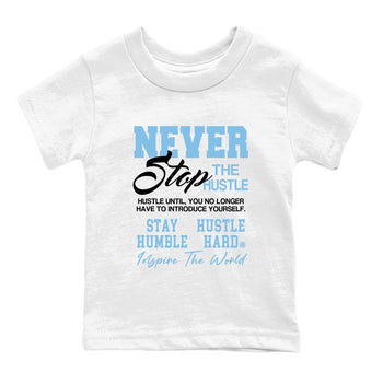 Never Stop The Hustle baby and kids t-shirt crafted for little sneakerheads to shine with the Air Foamposite One Psychic Blue sneakers, displayed in White 2.