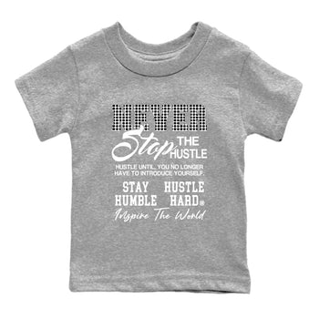 Never Stop The Hustle baby and kids t-shirt crafted for little sneakerheads to shine with the Air Foamposite One Triple White sneakers, displayed in Heather Grey 2.