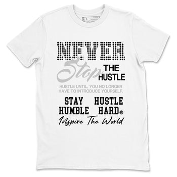 Never Stop The Hustle sneaker match t-shirt styled to complete your fit with the Air Foamposite One Triple White sneakers, graphic shirts in White 2.