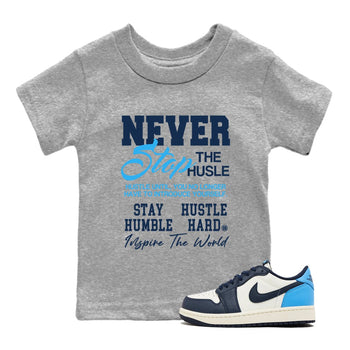 1s Obsidian shirts to match jordans Never Stop The Hustle shirts to match Jordans AJ1 Retro Low OG Obsidian match shoes to clothes SNRT Sneaker Tees Youth Baby Heather Grey 1 tee