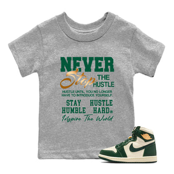 Sneaker Threads – Sneaker Tees To Match Air Jordan 1 Pro Green – Never Stop The Hustle Youth Graphic Tee Heather Grey 1. Perfect for Jordan releases 2025 colorways.