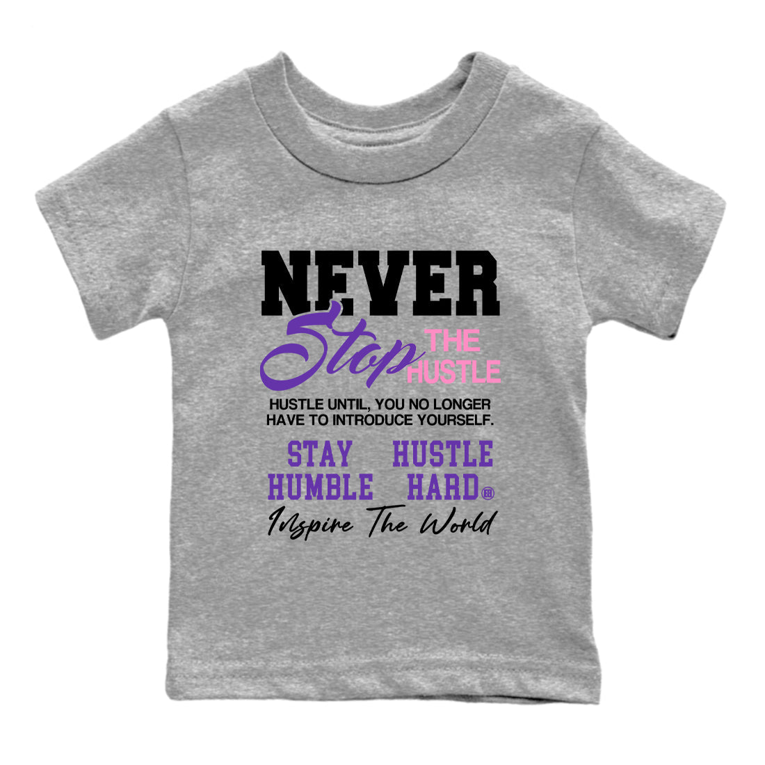 Sneaker match tees – Sneaker Tees To Match Air Jordan 11 Canyon Purple Shoes – Never Stop The Hustle Kids T-Shirt Heather Grey 2