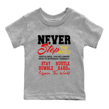 Never Stop The Hustle baby and kids t-shirt crafted for little sneakerheads to shine with the Air Jordan 14 Challenge Red sneakers, displayed in Heather Grey 2.