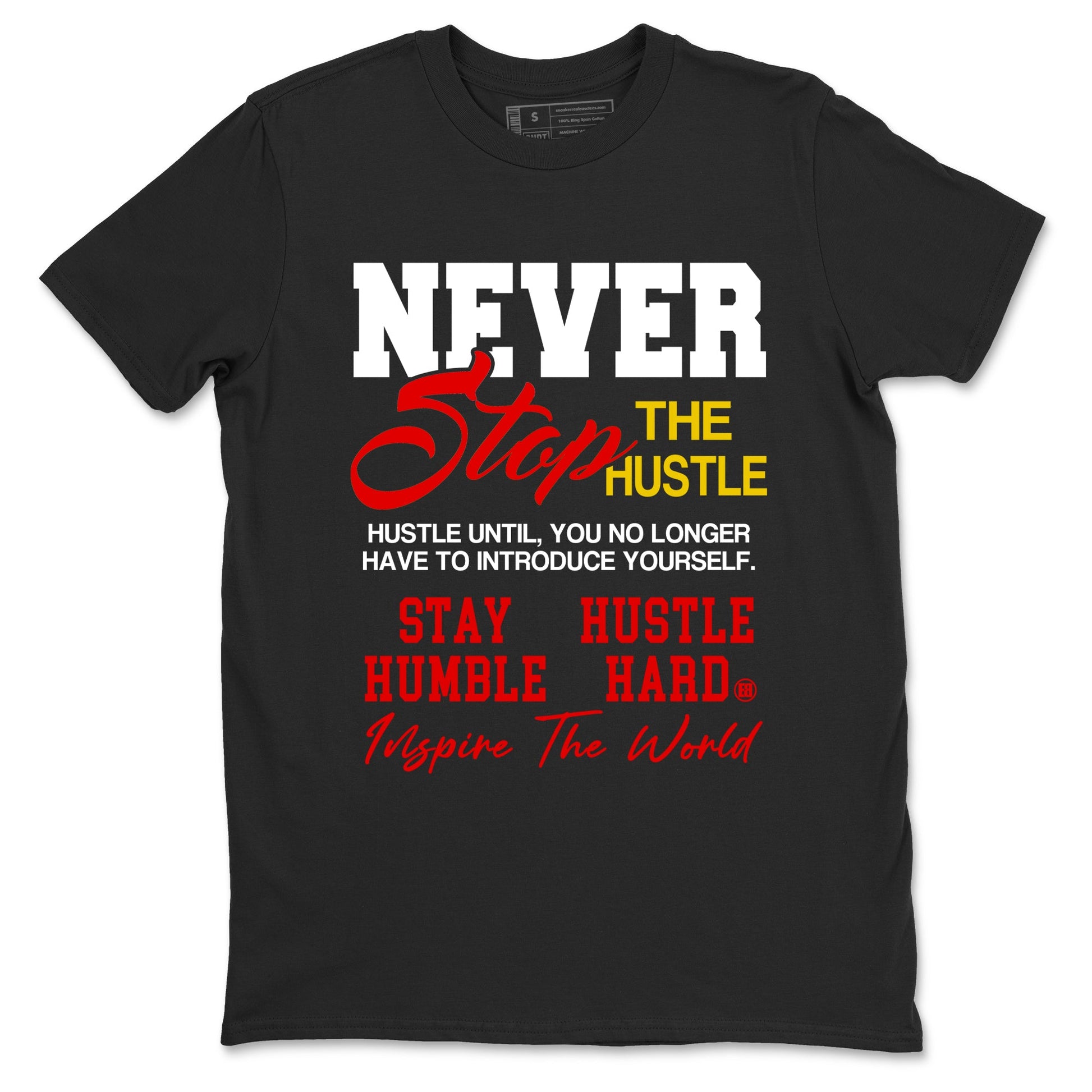 Never Stop The Hustle sneaker match t-shirt styled to complete your fit with the Air Jordan 14 Challenge Red sneakers, graphic shirts in Black 2.