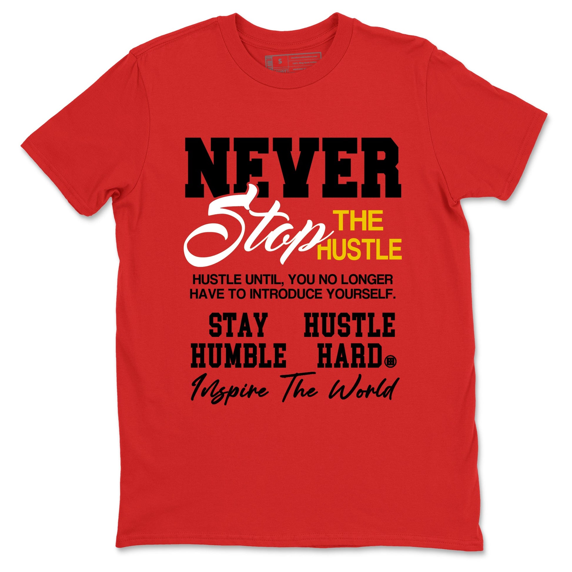 Never Stop The Hustle sneaker match t-shirt styled to complete your fit with the Air Jordan 14 Challenge Red sneakers, graphic shirts in Red 2.
